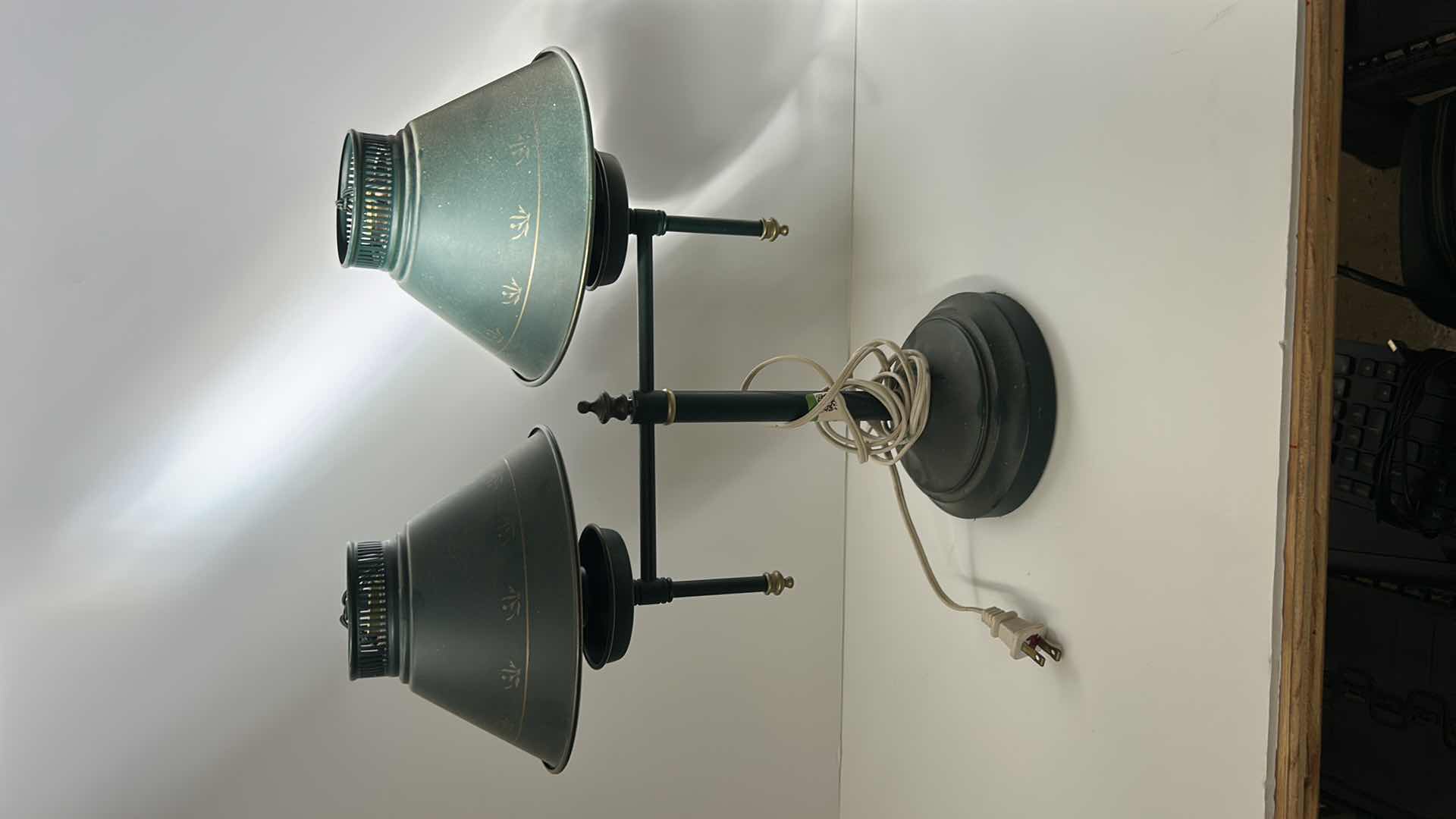 Photo 1 of VINTAGE TABLE LAMP /  GREEN TIN WITH GOLD FLOWERS AND TRIM H16” WITHOUT BULBS