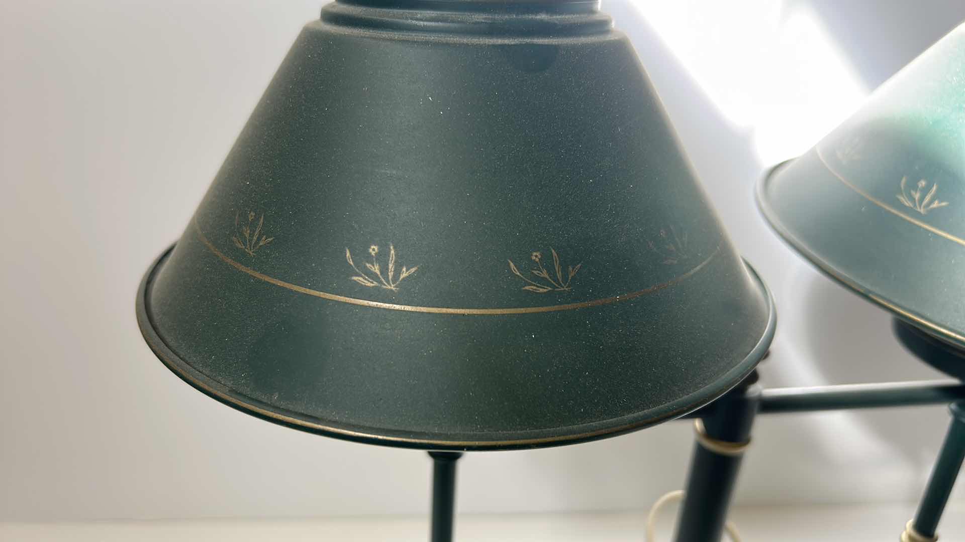 Photo 1 of VINTAGE TABLE LAMP /  GREEN TIN WITH GOLD FLOWERS AND TRIM H16” WITHOUT BULBS