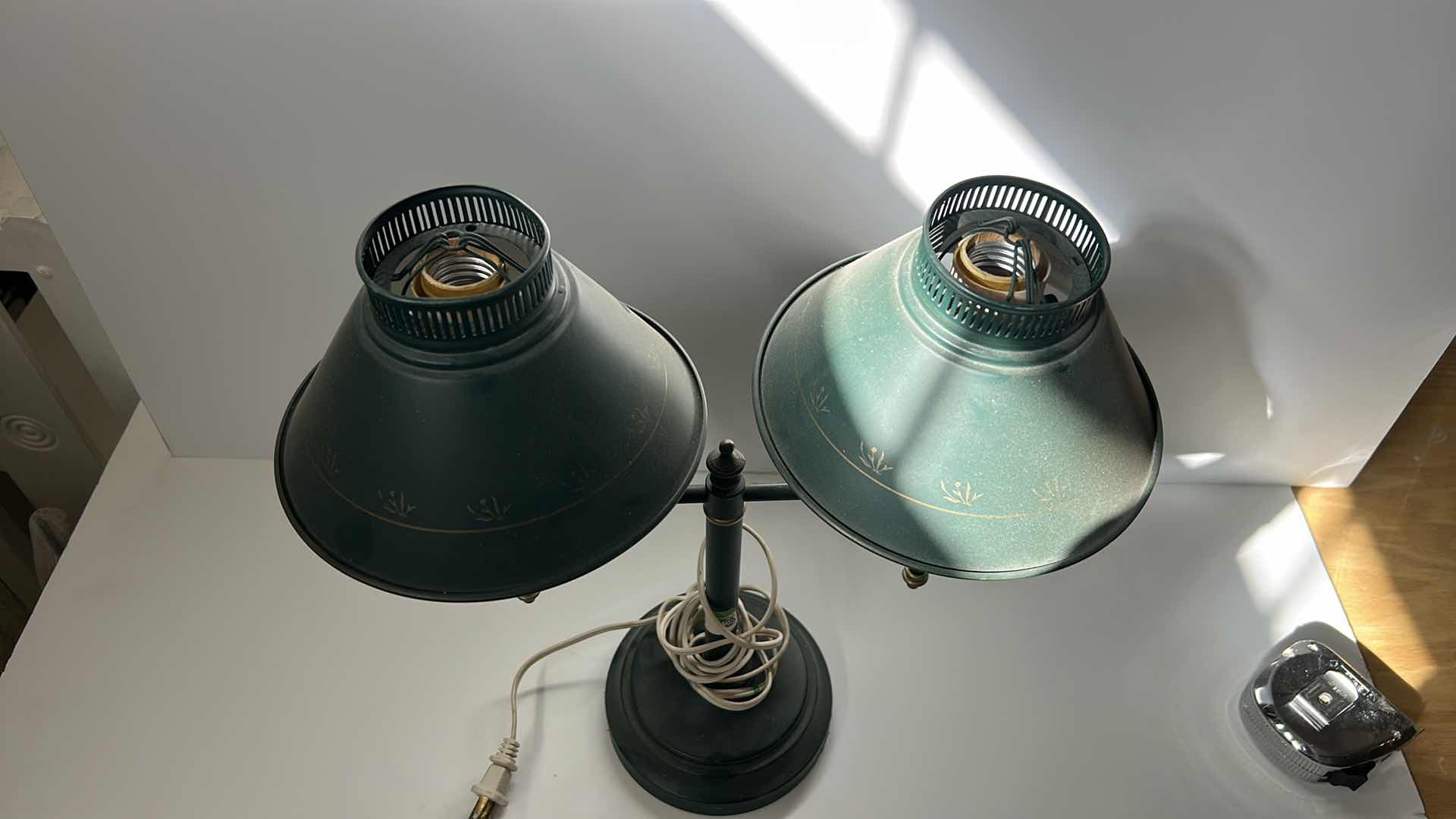 Photo 1 of VINTAGE TABLE LAMP /  GREEN TIN WITH GOLD FLOWERS AND TRIM H16” WITHOUT BULBS