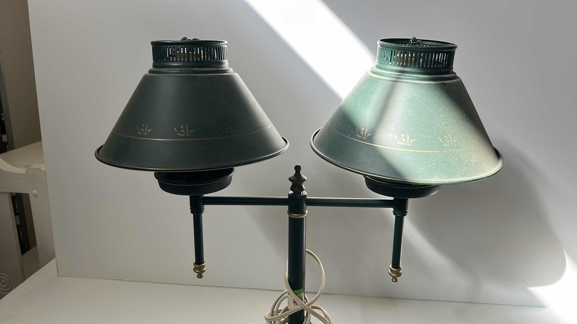 Photo 1 of VINTAGE TABLE LAMP /  GREEN TIN WITH GOLD FLOWERS AND TRIM H16” WITHOUT BULBS