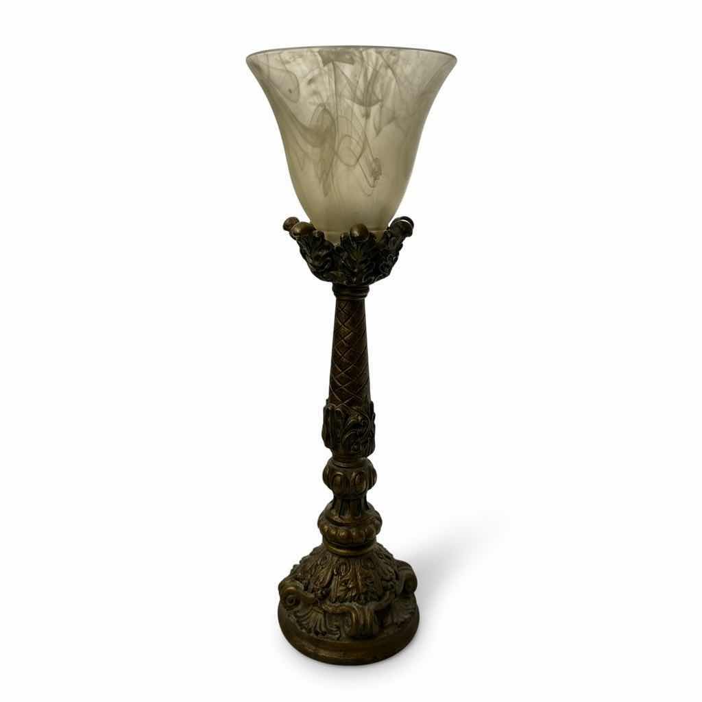 Photo 1 of GOLD TONE CERAMIC LAMP AND IVORY SWIRLED GLASS SHADE H19”