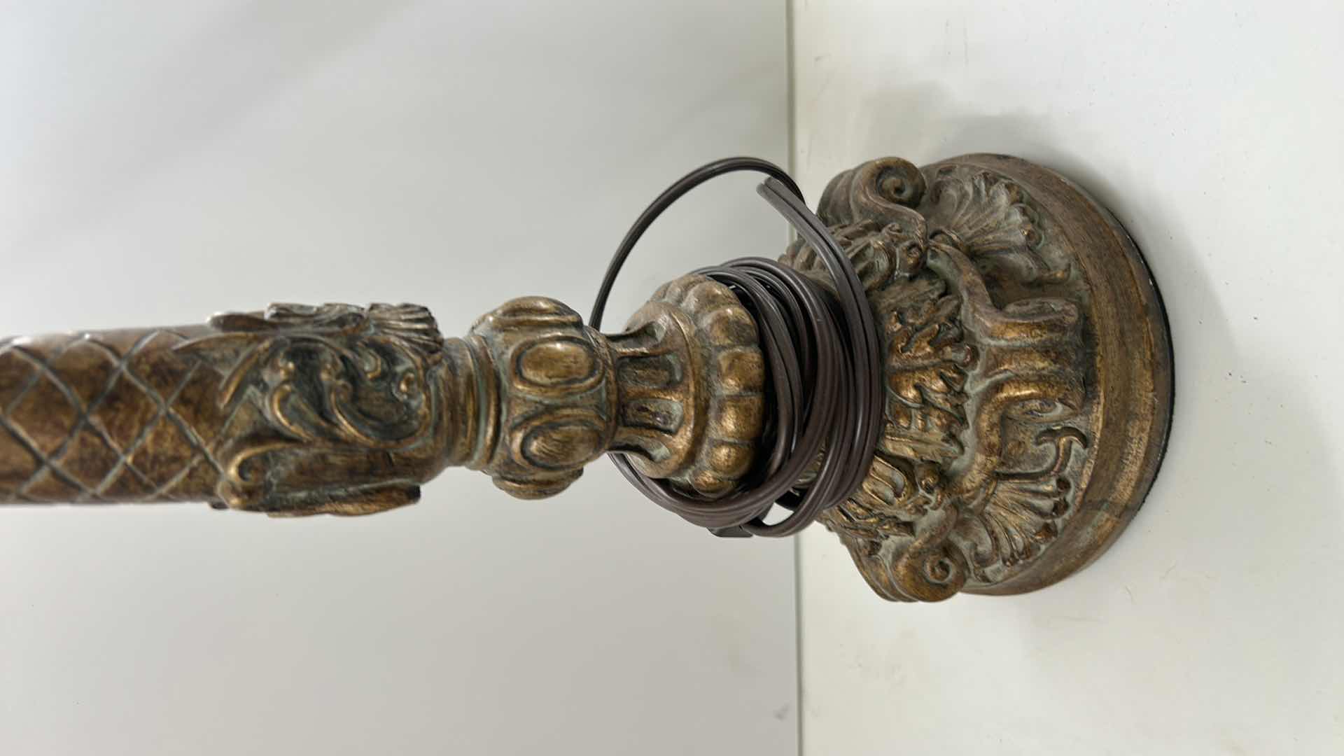 Photo 1 of GOLD TONE CERAMIC LAMP AND IVORY SWIRLED GLASS SHADE H19”