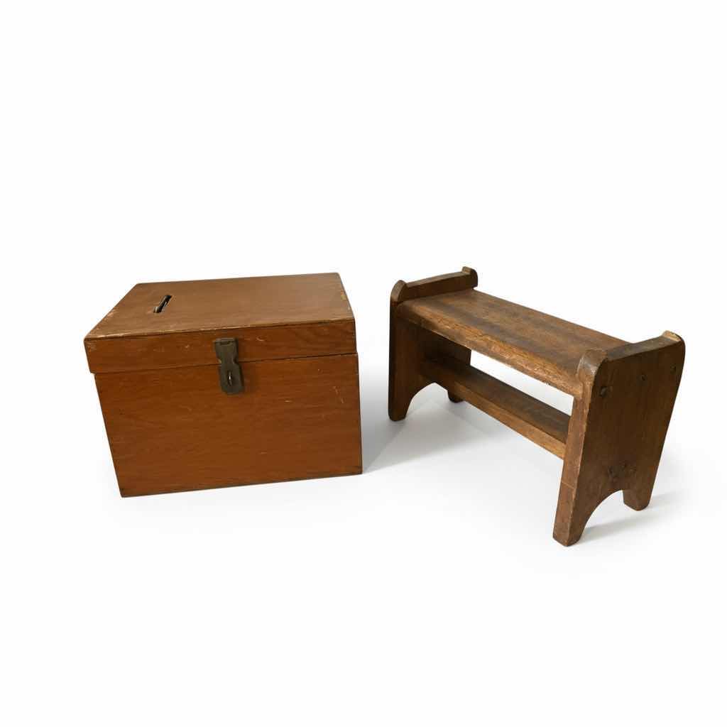 Photo 1 of 2 HANDMADE WOOD PIECES - HINGED BOX WITH LATCH H8.75” AND SMALL STOOL