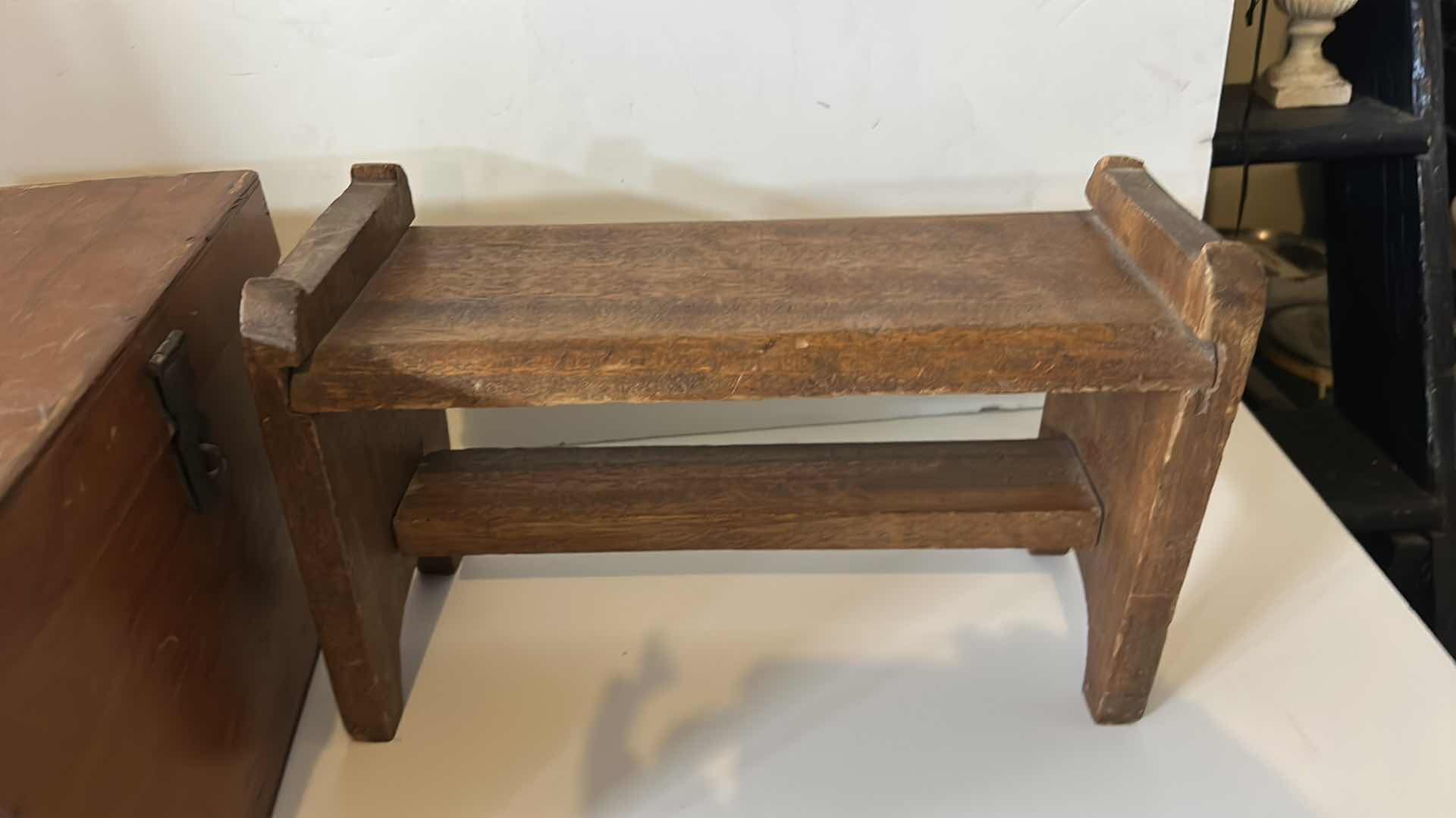 Photo 1 of 2 HANDMADE WOOD PIECES - HINGED BOX WITH LATCH H8.75” AND SMALL STOOL