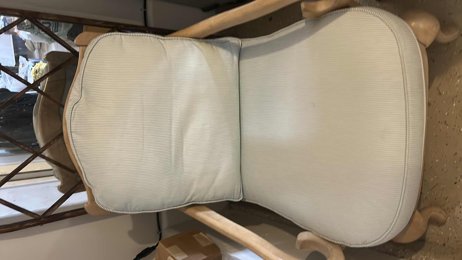 Photo 1 of CAMILLE UPHOLSTERED ARMCHAIR IN BLUE AND WHITE STRIPED FABRIC, OAK FRAME IN A LOUIS XV SILHOUETTE  28 1/2“ x 28“ x H35“