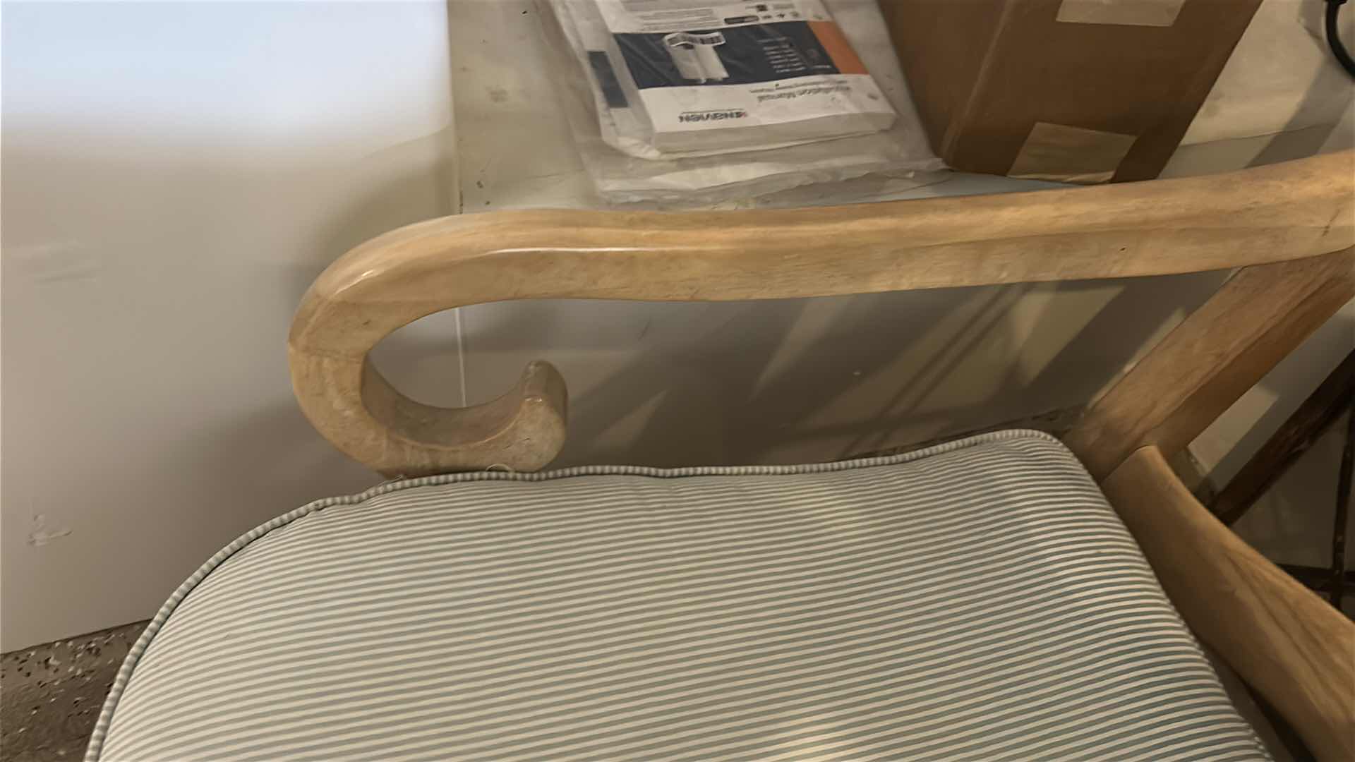 Photo 1 of CAMILLE UPHOLSTERED ARMCHAIR IN BLUE AND WHITE STRIPED FABRIC, OAK FRAME IN A LOUIS XV SILHOUETTE  28 1/2“ x 28“ x H35“