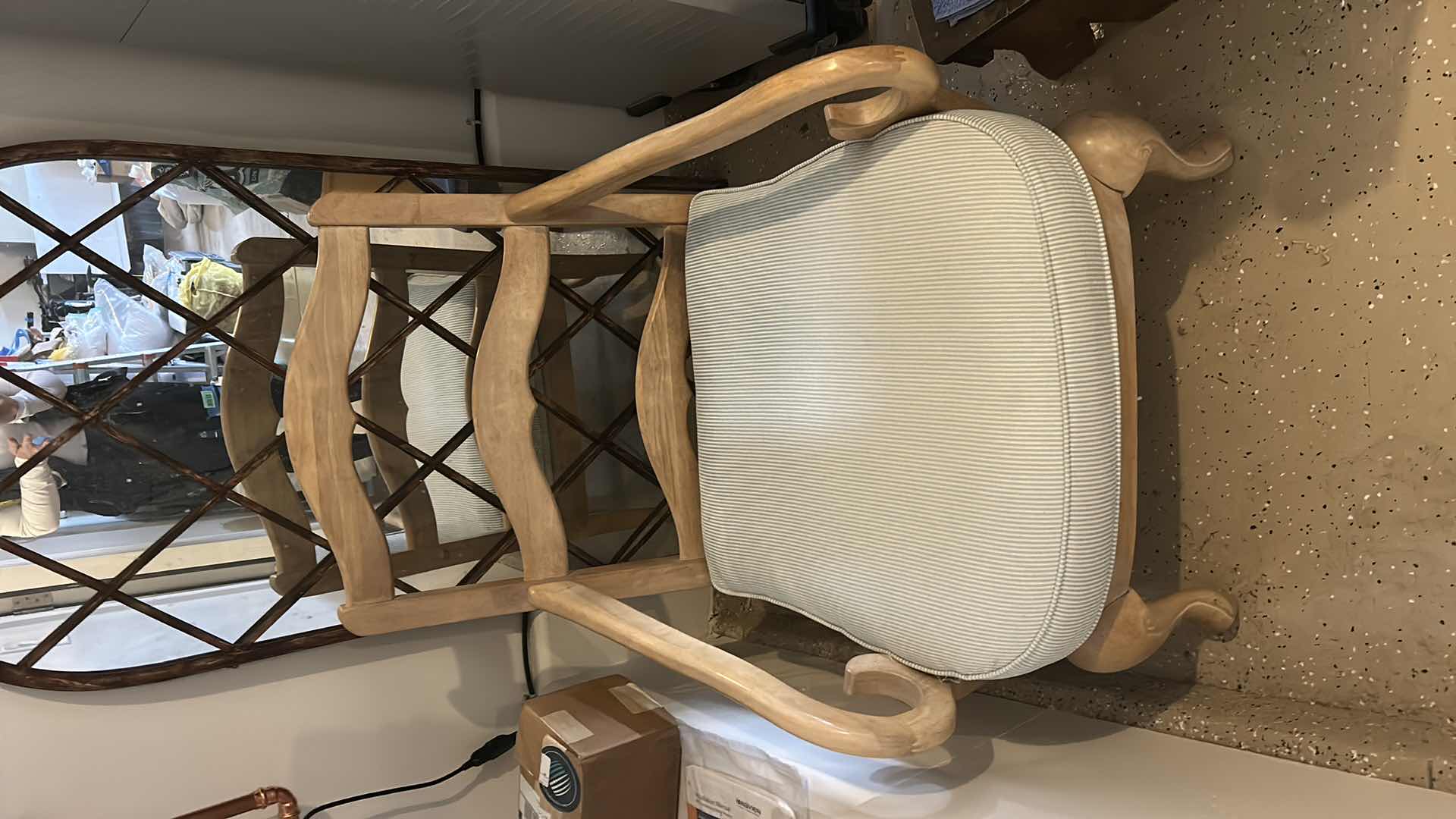 Photo 1 of CAMILLE UPHOLSTERED ARMCHAIR IN BLUE AND WHITE STRIPED FABRIC, OAK FRAME IN A LOUIS XV SILHOUETTE  28 1/2“ x 28“ x H35“