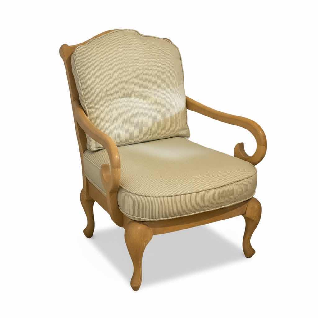 Photo 1 of CAMILLE UPHOLSTERED ARMCHAIR IN BLUE AND WHITE STRIPED FABRIC, OAK FRAME IN A LOUIS XV SILHOUETTE  28 1/2“ x 28“ x H35“