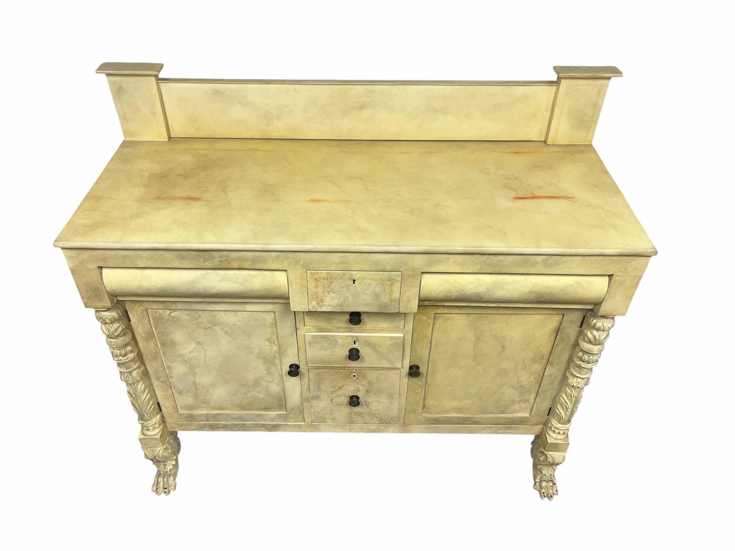 Photo 1 of ANTIQUE CUSTOM MARBLE FINISH WOOD CLAW FOOT SIDEBOARD 60.5” X 25.5” H54.5”