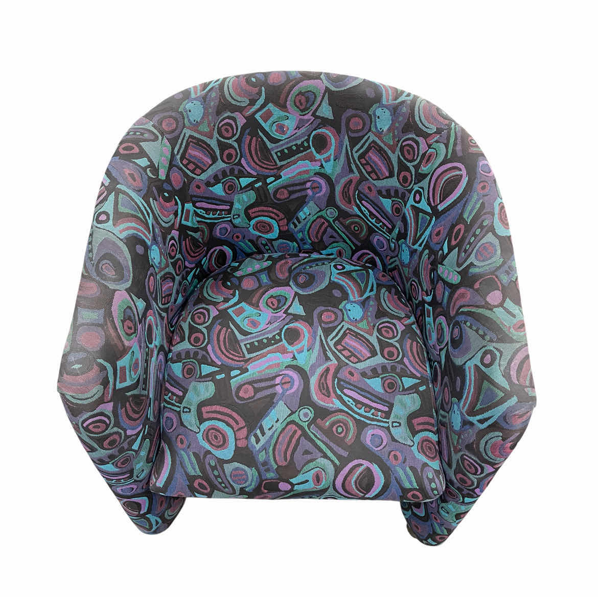 Photo 2 of ABSTRACT MULTI-COLOR PATTERN UPHOLSTERED ROLLING BARREL CHAIR 25” X 23” H30”