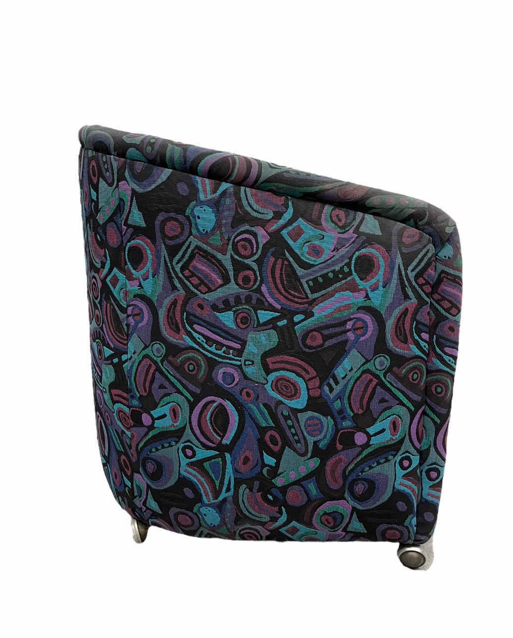 Photo 3 of ABSTRACT MULTI-COLOR PATTERN UPHOLSTERED ROLLING BARREL CHAIR 25” X 23” H30”