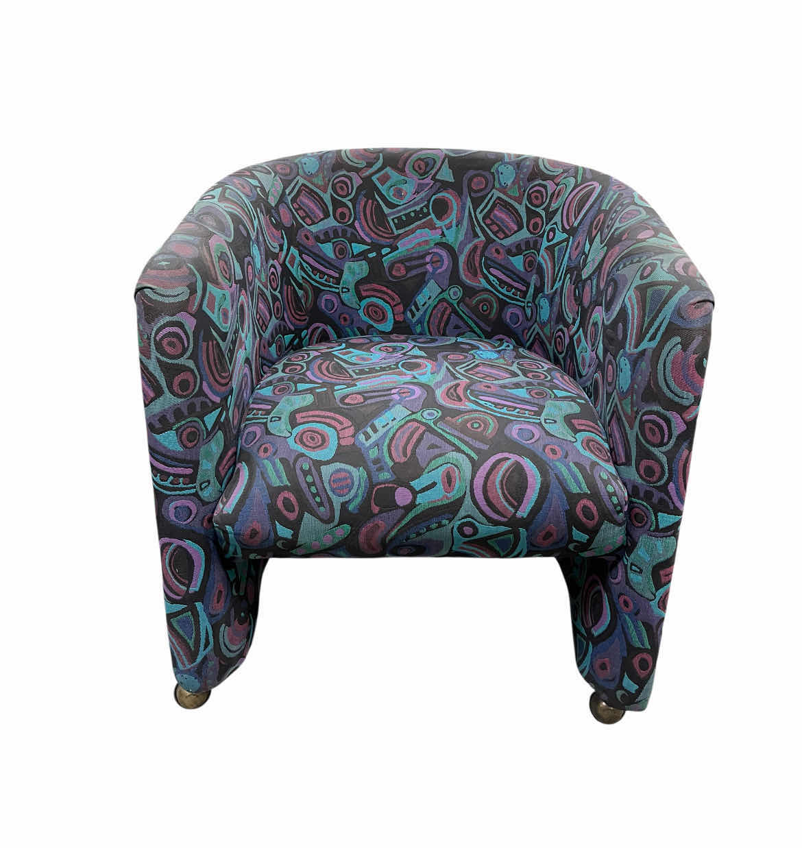 Photo 1 of ABSTRACT MULTI-COLOR PATTERN UPHOLSTERED ROLLING BARREL CHAIR 25” X 23” H30”