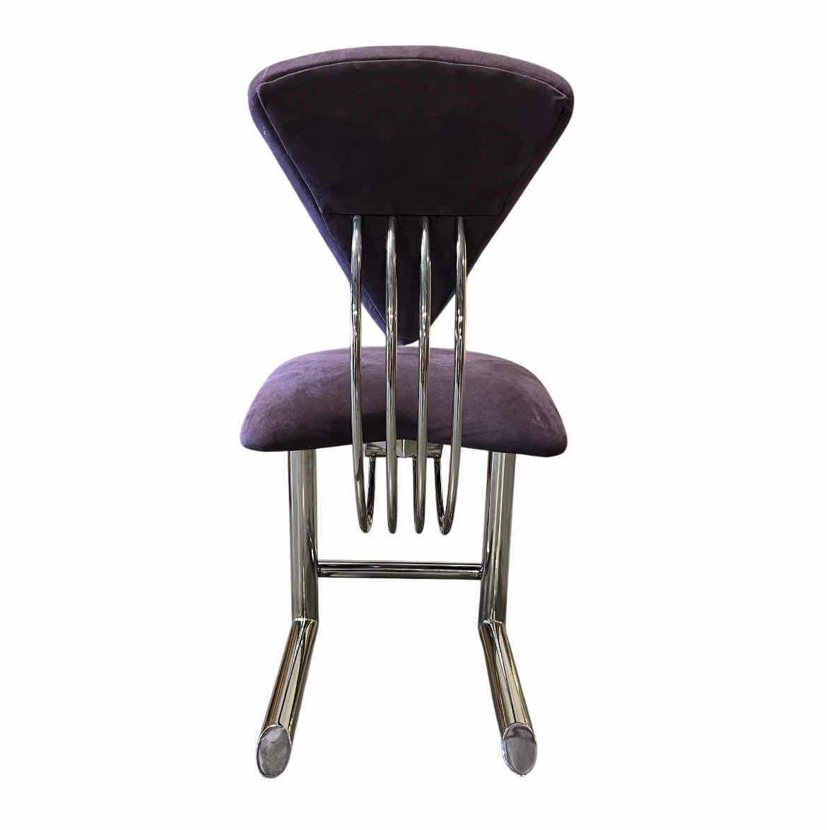 Photo 1 of ETTORE SOTTSASS MEMPHIS STYLE PURPLE UPHOLSTERED & CHROME BASE DINING CHAIRS (4) 19.5” X 24.5” H39.5” $9000