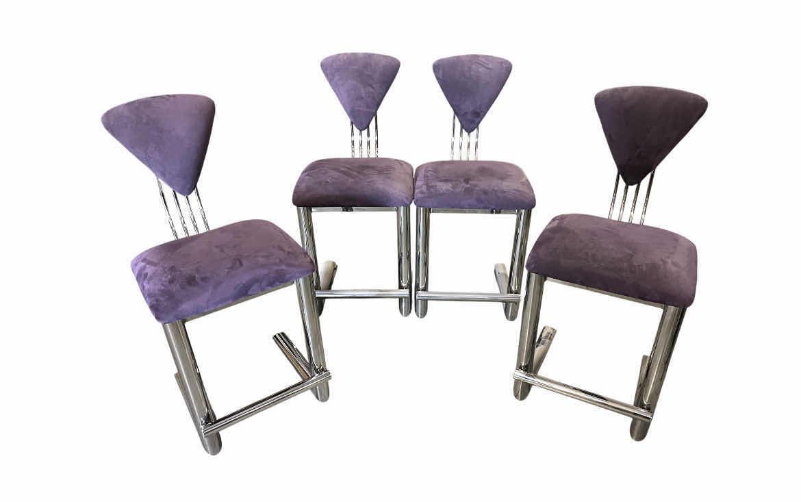 Photo 1 of ETTORE SOTTSASS MEMPHIS STYLE PURPLE UPHOLSTERED & CHROME BASE DINING CHAIRS (4) 19.5” X 24.5” H39.5” $9000