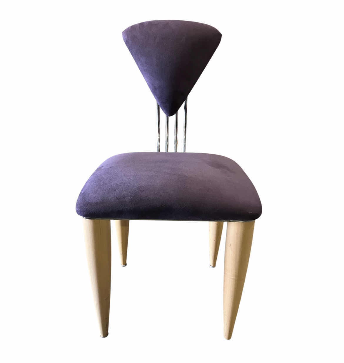 Photo 2 of ETTORE SOTTSASS MEMPHIS STYLE PURPLE UPHOLSTERED & WOOD BASE CHOME BACK DINING CHAIRS (5) 19.5” X 24.5” H36.5” $9000