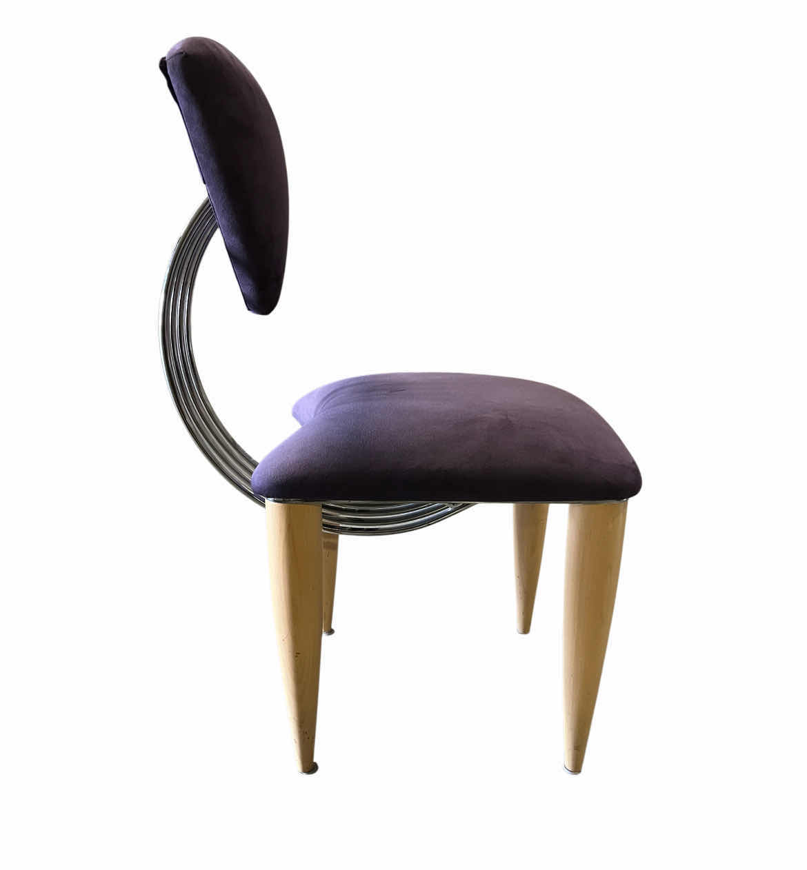 Photo 1 of ETTORE SOTTSASS MEMPHIS STYLE PURPLE UPHOLSTERED & WOOD BASE CHOME BACK DINING CHAIRS (5) 19.5” X 24.5” H36.5” $9000