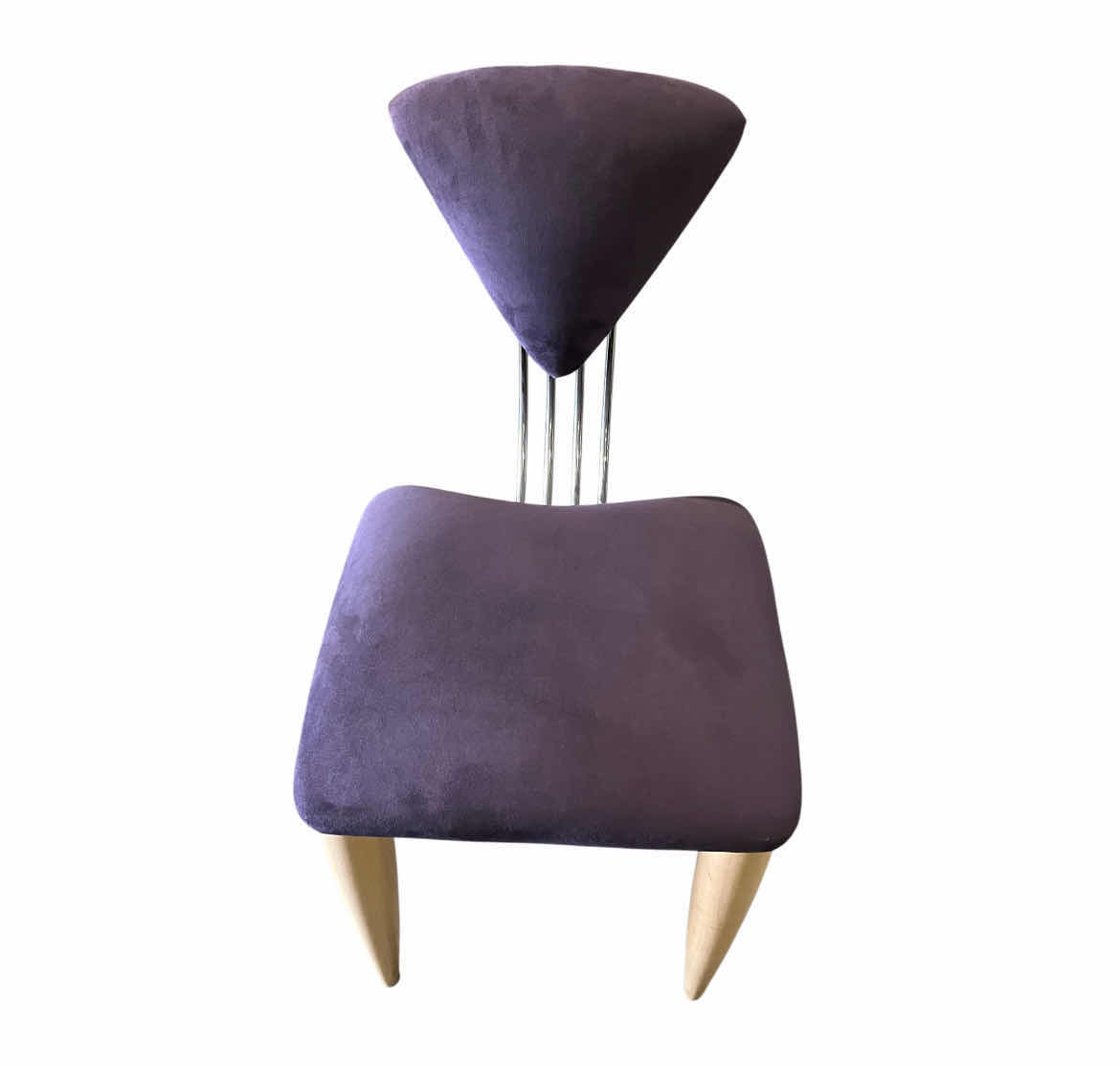 Photo 3 of ETTORE SOTTSASS MEMPHIS STYLE PURPLE UPHOLSTERED & WOOD BASE CHOME BACK DINING CHAIRS (5) 19.5” X 24.5” H36.5” $9000