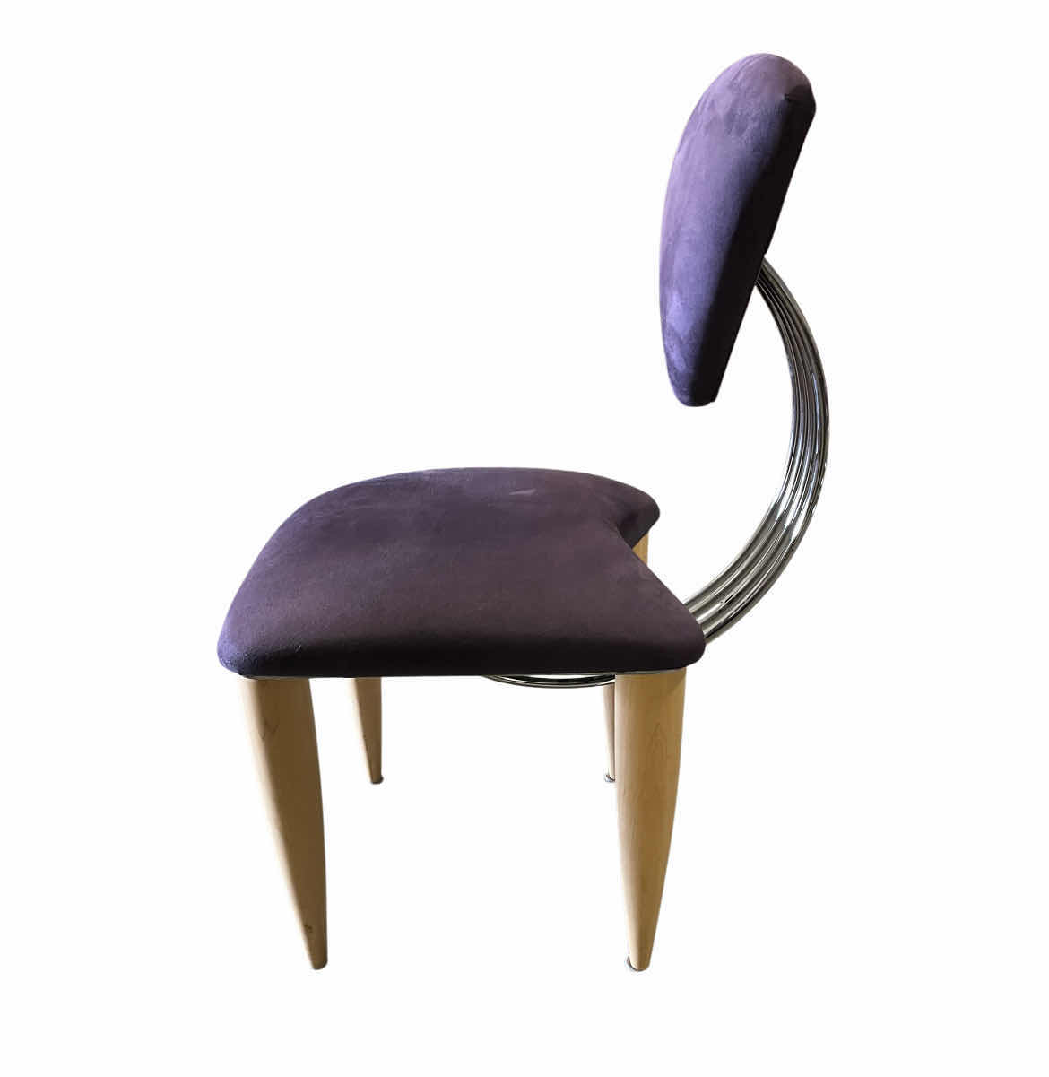 Photo 6 of ETTORE SOTTSASS MEMPHIS STYLE PURPLE UPHOLSTERED & WOOD BASE CHOME BACK DINING CHAIRS (5) 19.5” X 24.5” H36.5” $9000