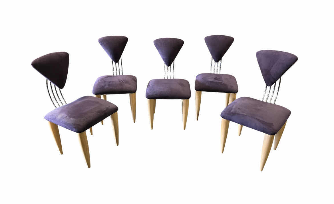 Photo 1 of ETTORE SOTTSASS MEMPHIS STYLE PURPLE UPHOLSTERED & WOOD BASE CHOME BACK DINING CHAIRS (5) 19.5” X 24.5” H36.5” $9000