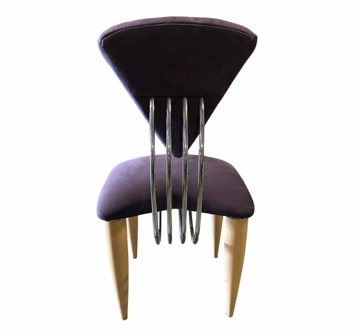 Photo 5 of ETTORE SOTTSASS MEMPHIS STYLE PURPLE UPHOLSTERED & WOOD BASE CHOME BACK DINING CHAIRS (5) 19.5” X 24.5” H36.5” $9000