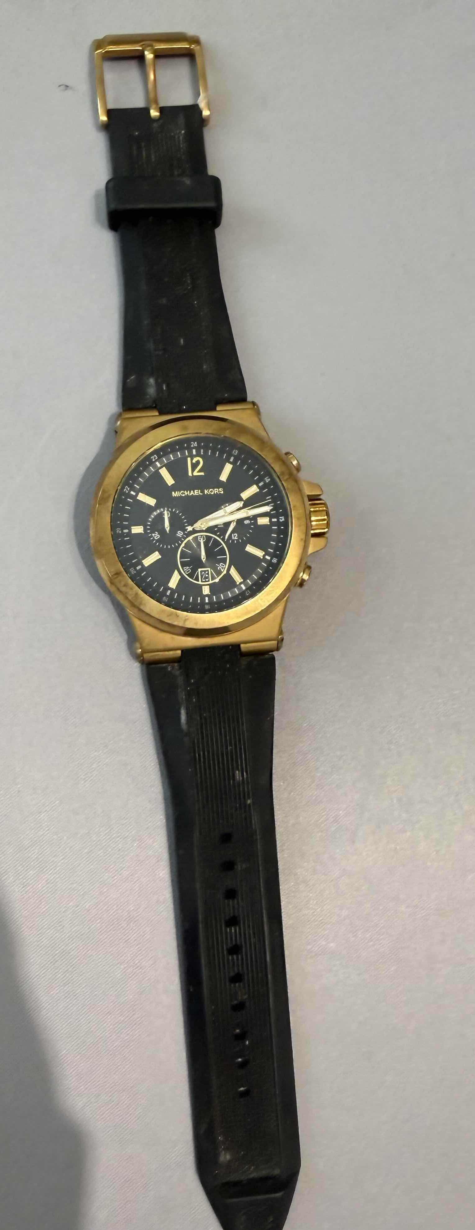 View 4 of MICHAEL KORS DYLAN 48mm MEN’S QUARTZ YELLOW GOLD TONE WATCH W BLACK SILICONE BAND $250