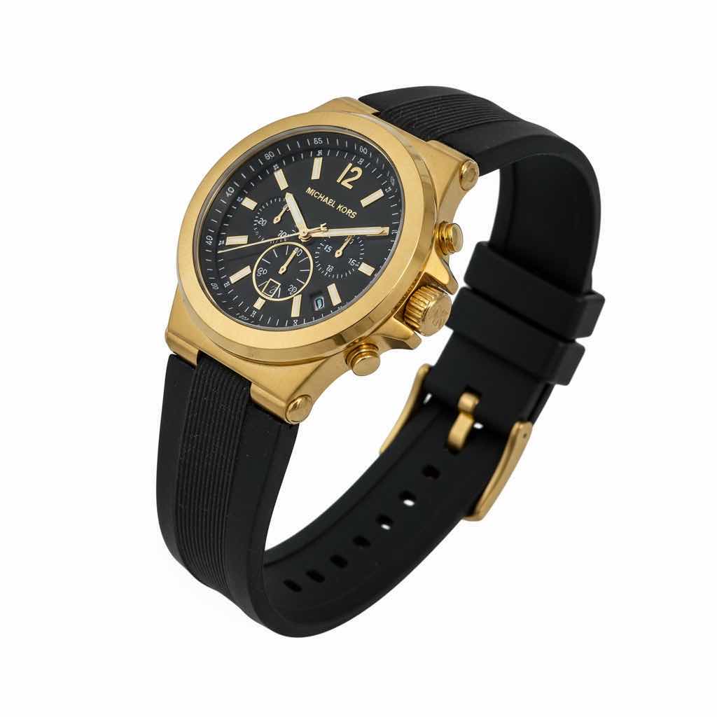 View 1 of MICHAEL KORS DYLAN 48mm MEN’S QUARTZ YELLOW GOLD TONE WATCH W BLACK SILICONE BAND $250