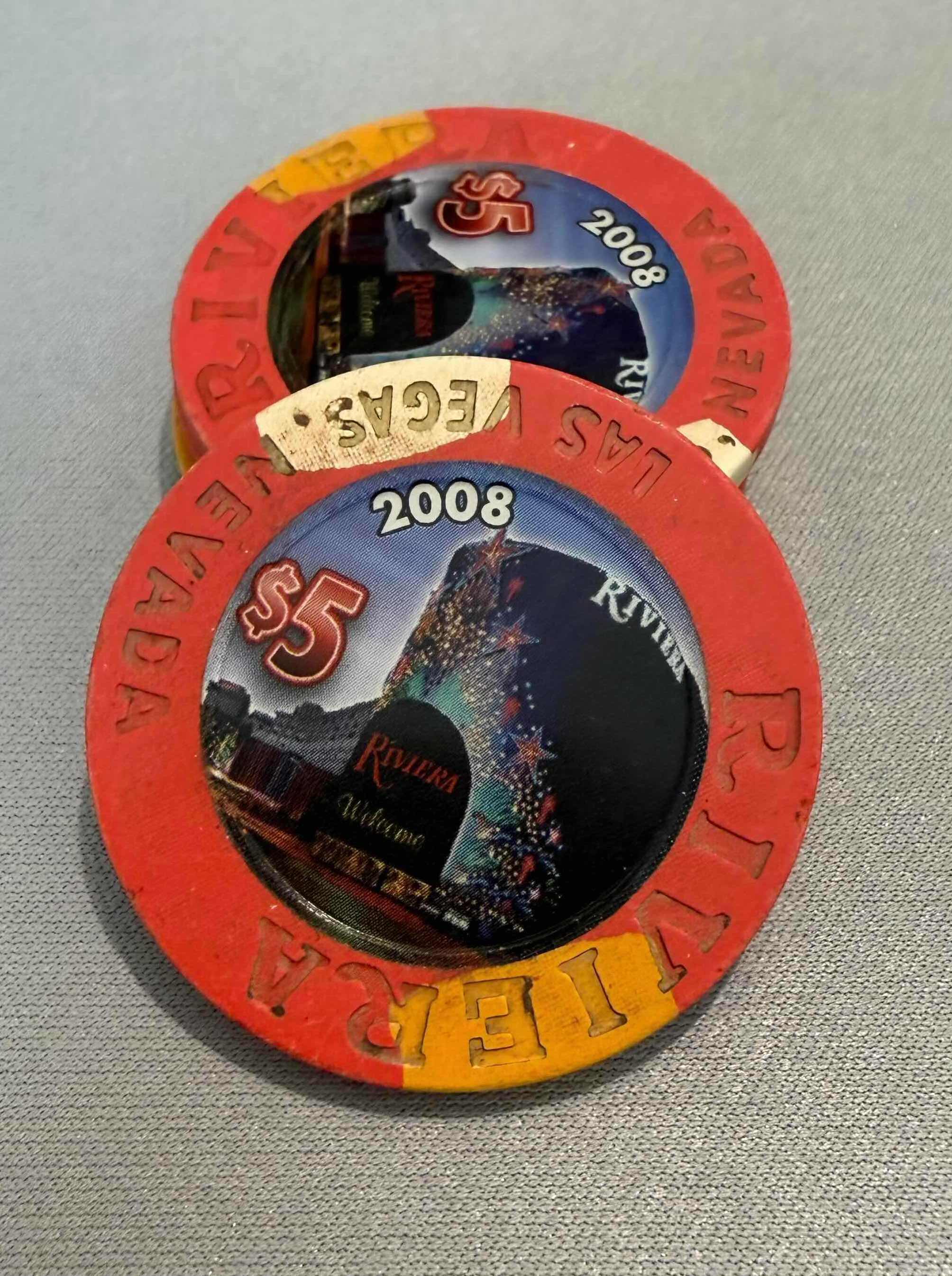 Photo 1 of 7-RIVIERA 1955 BUILDING OBSOLETE LAS VEGAS $5.00 2008 CASINO GAMING CHIPS