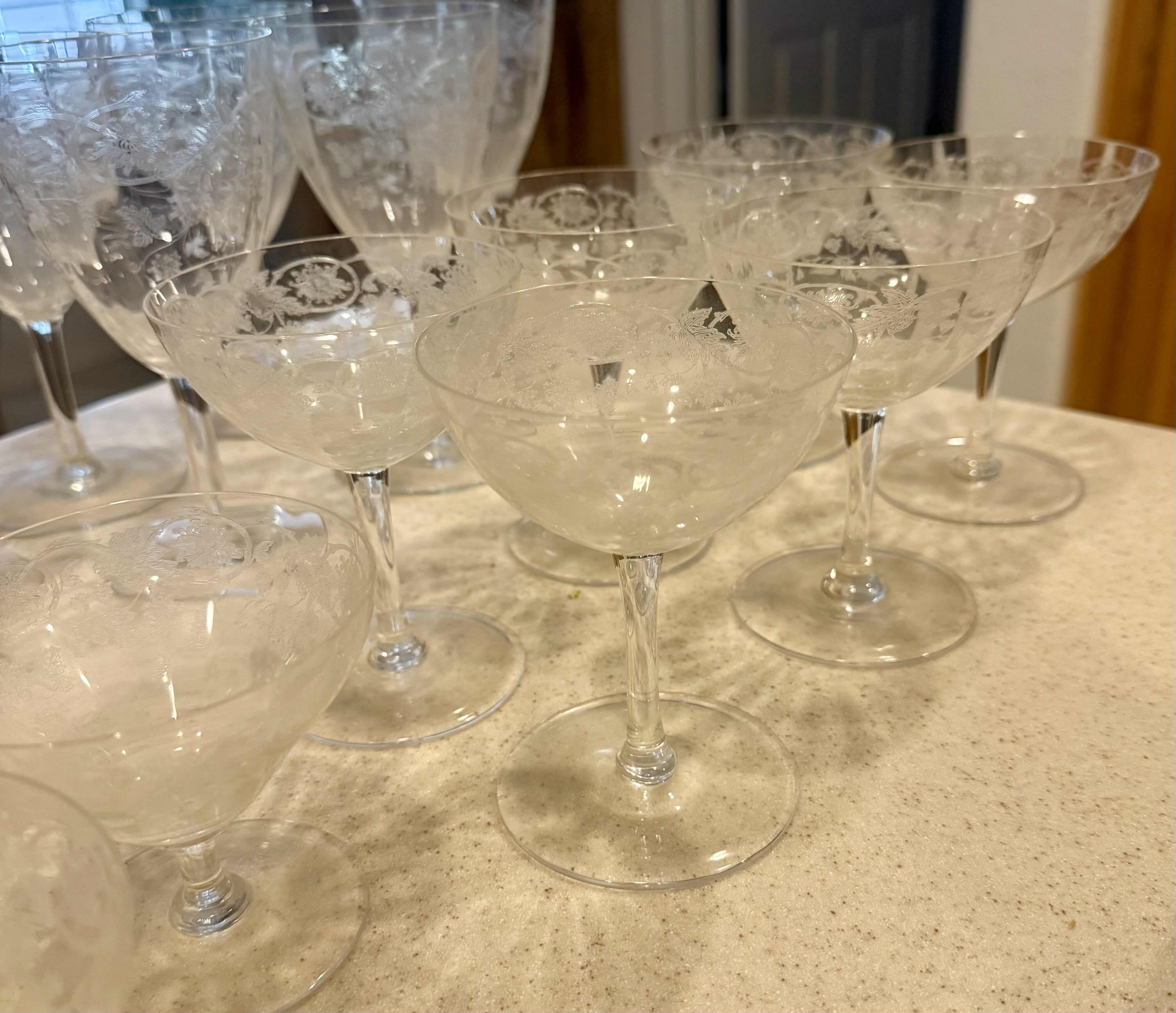 Photo 1 of 28-VINTAGE ETCHED FLORAL CRYSTAL STEMWARE (6 SIZES)