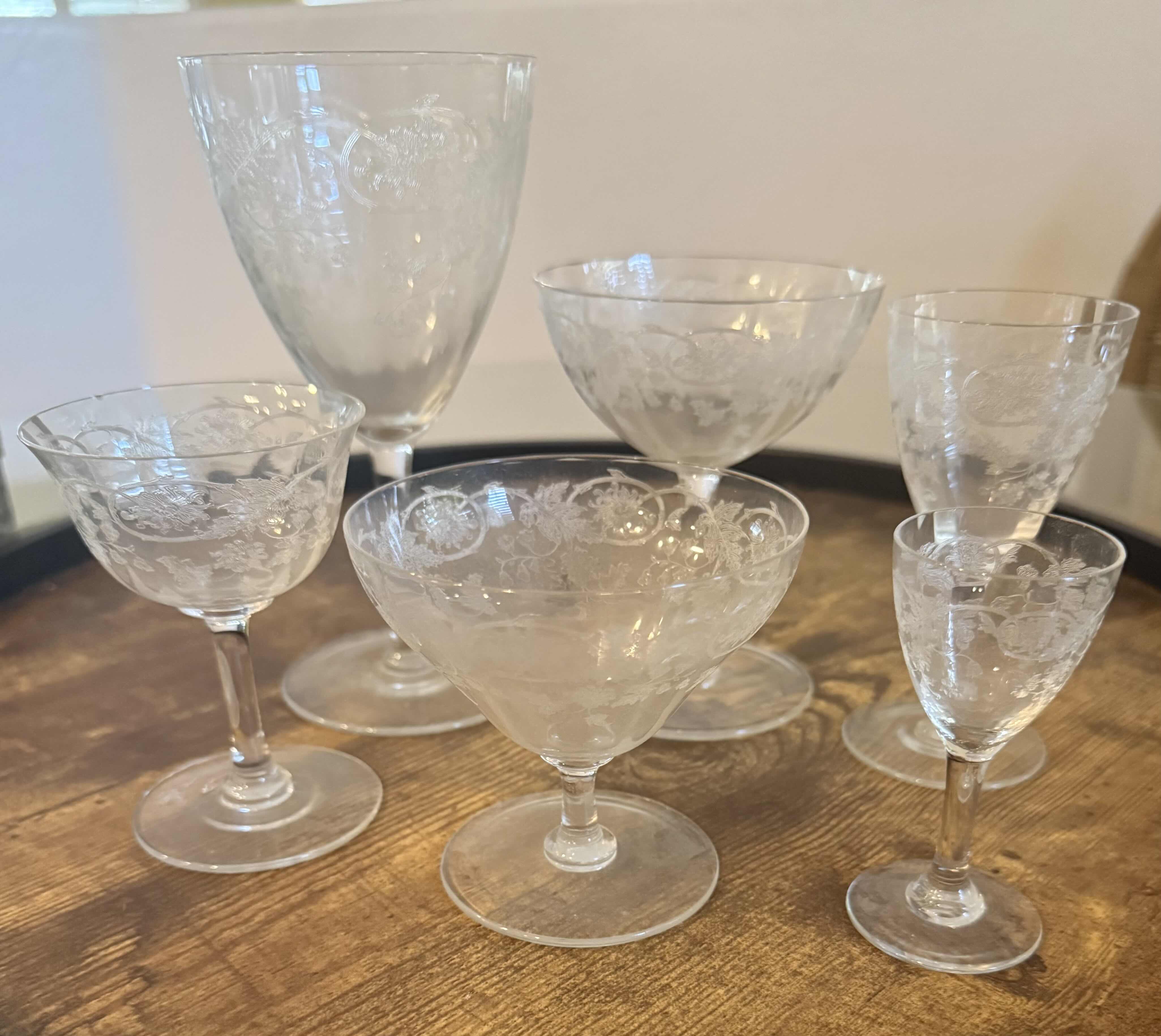 Photo 1 of 28-VINTAGE ETCHED FLORAL CRYSTAL STEMWARE (6 SIZES)