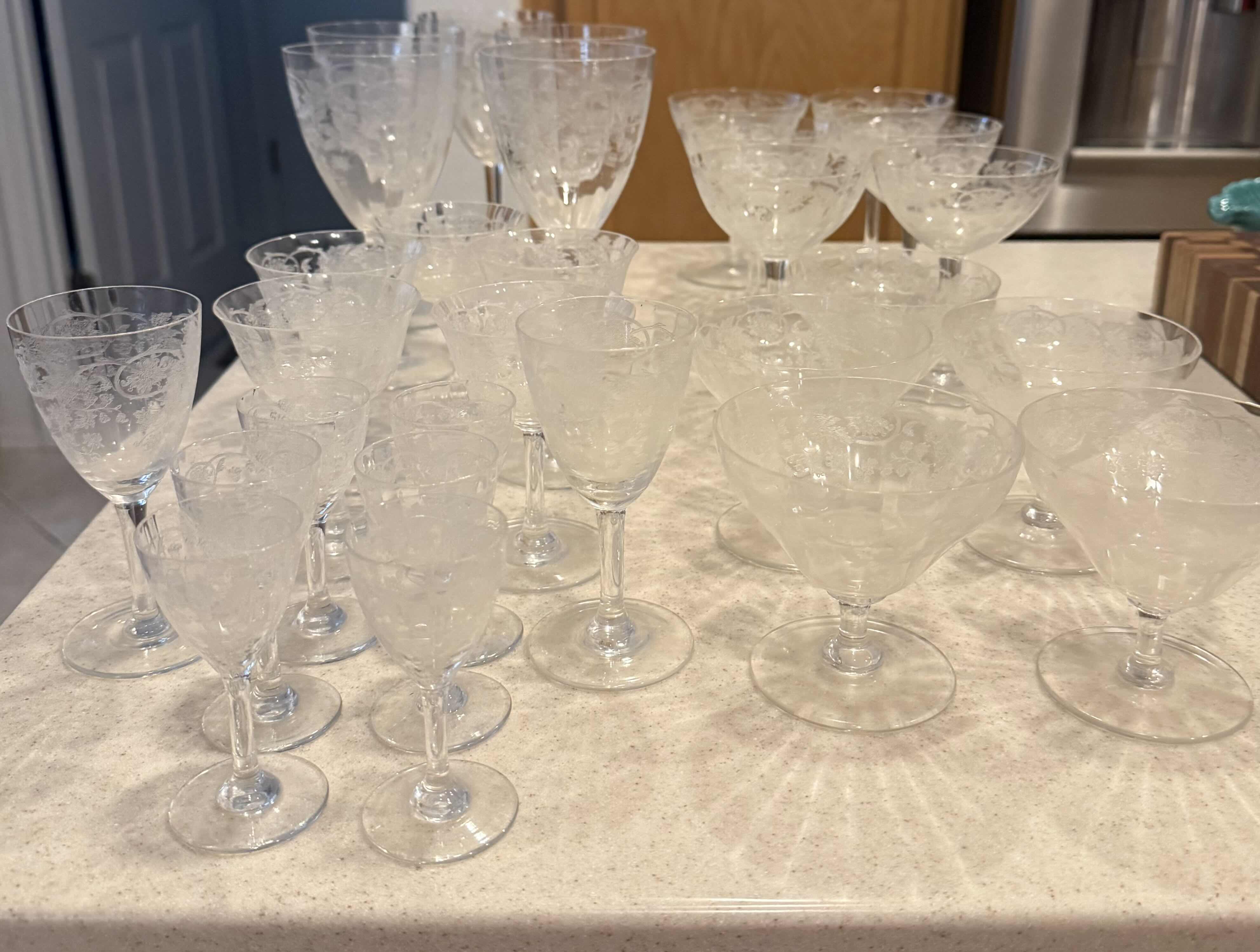 Photo 1 of 28-VINTAGE ETCHED FLORAL CRYSTAL STEMWARE (6 SIZES)