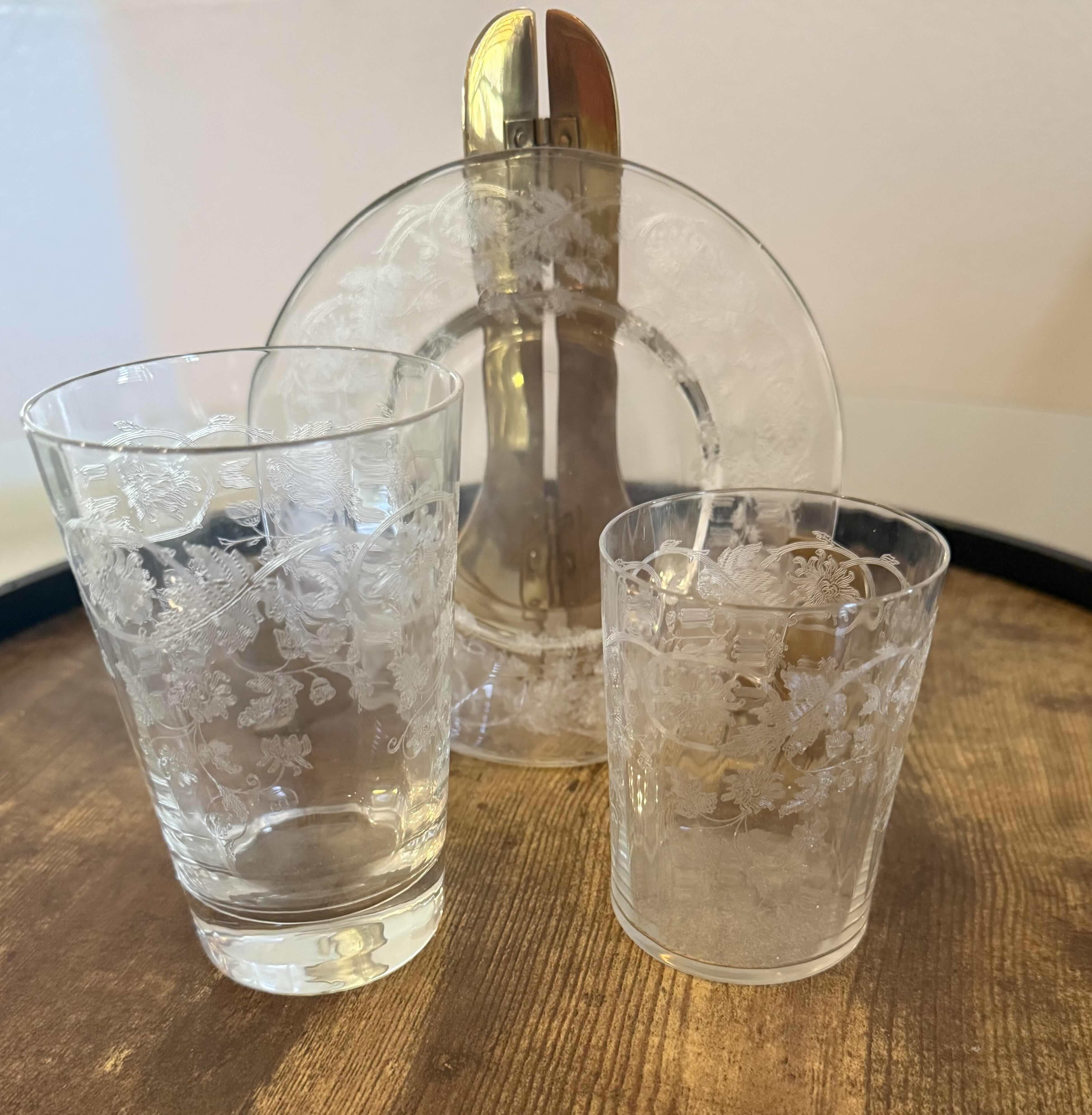 Photo 1 of 20-VINTAGE ETCHED CRYSTAL FLORAL DRINKING GLASSES & SAUCERS