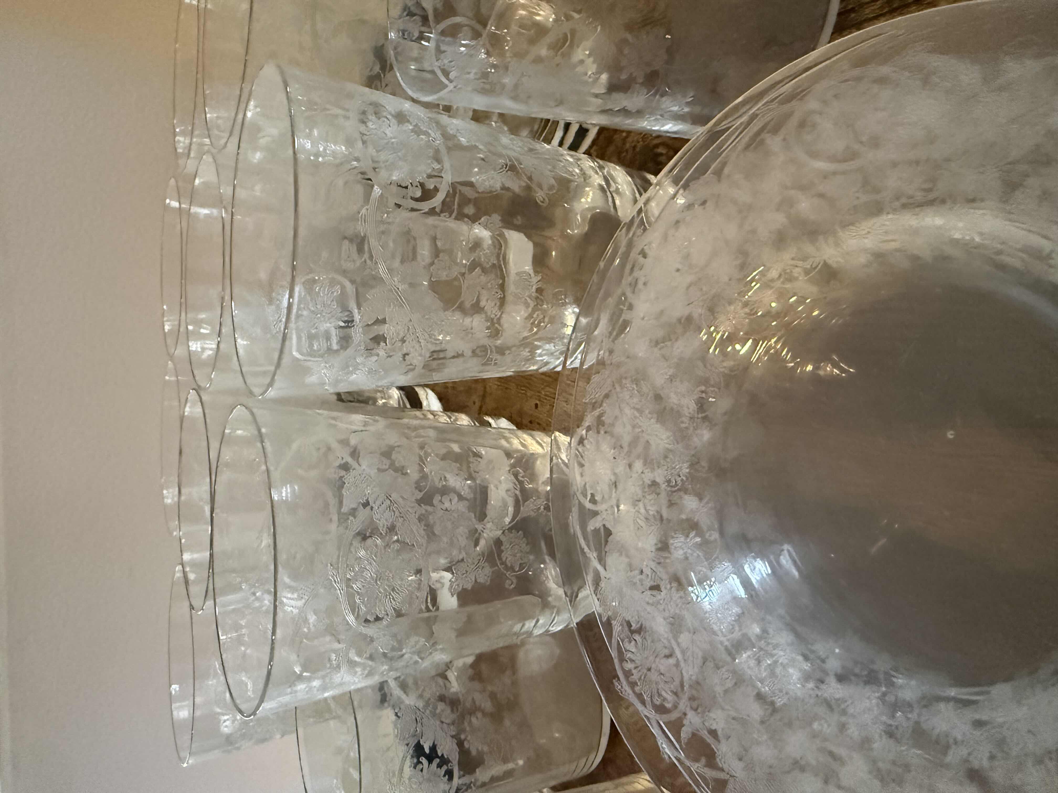 Photo 1 of 20-VINTAGE ETCHED CRYSTAL FLORAL DRINKING GLASSES & SAUCERS