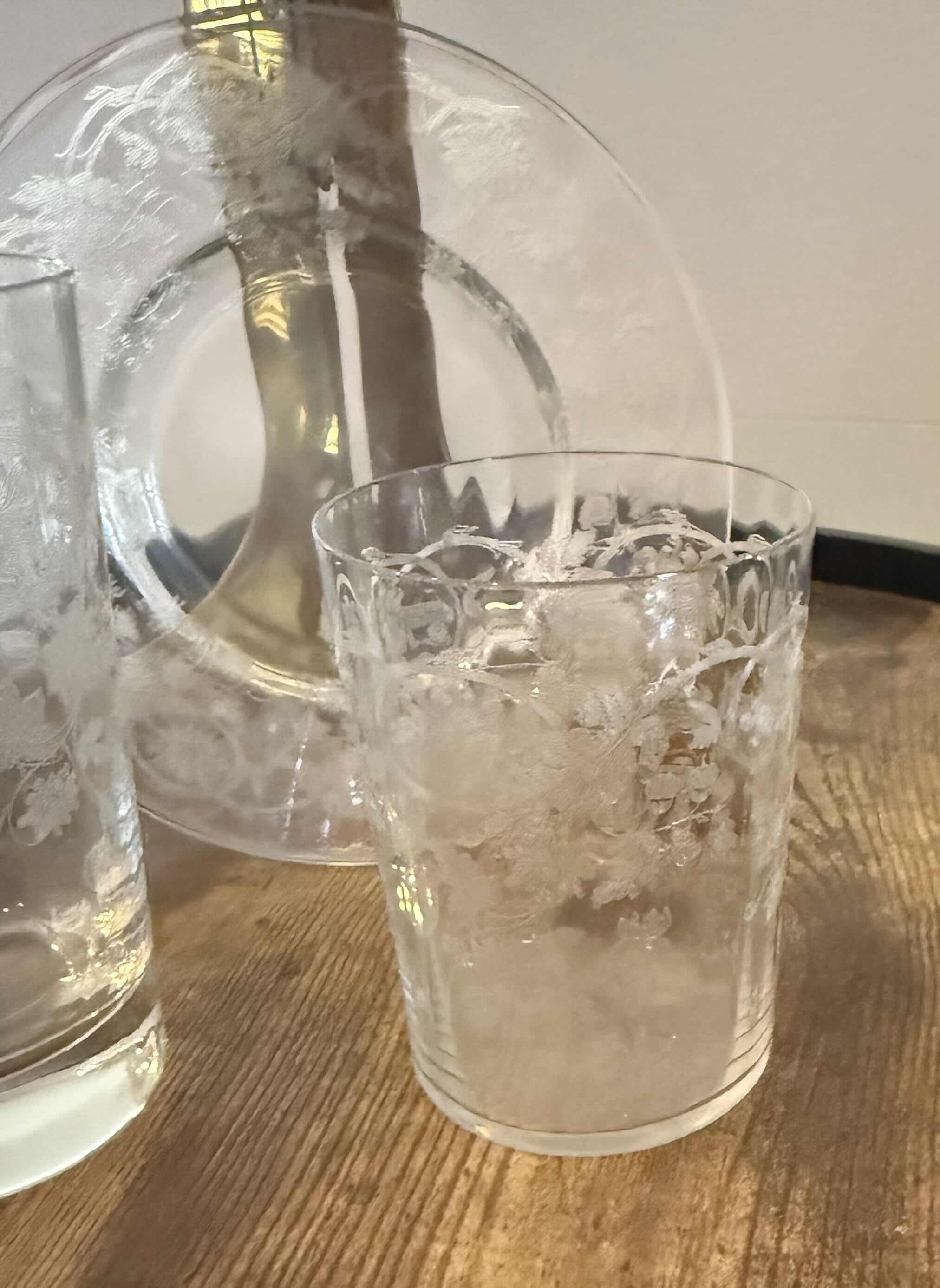 Photo 1 of 20-VINTAGE ETCHED CRYSTAL FLORAL DRINKING GLASSES & SAUCERS