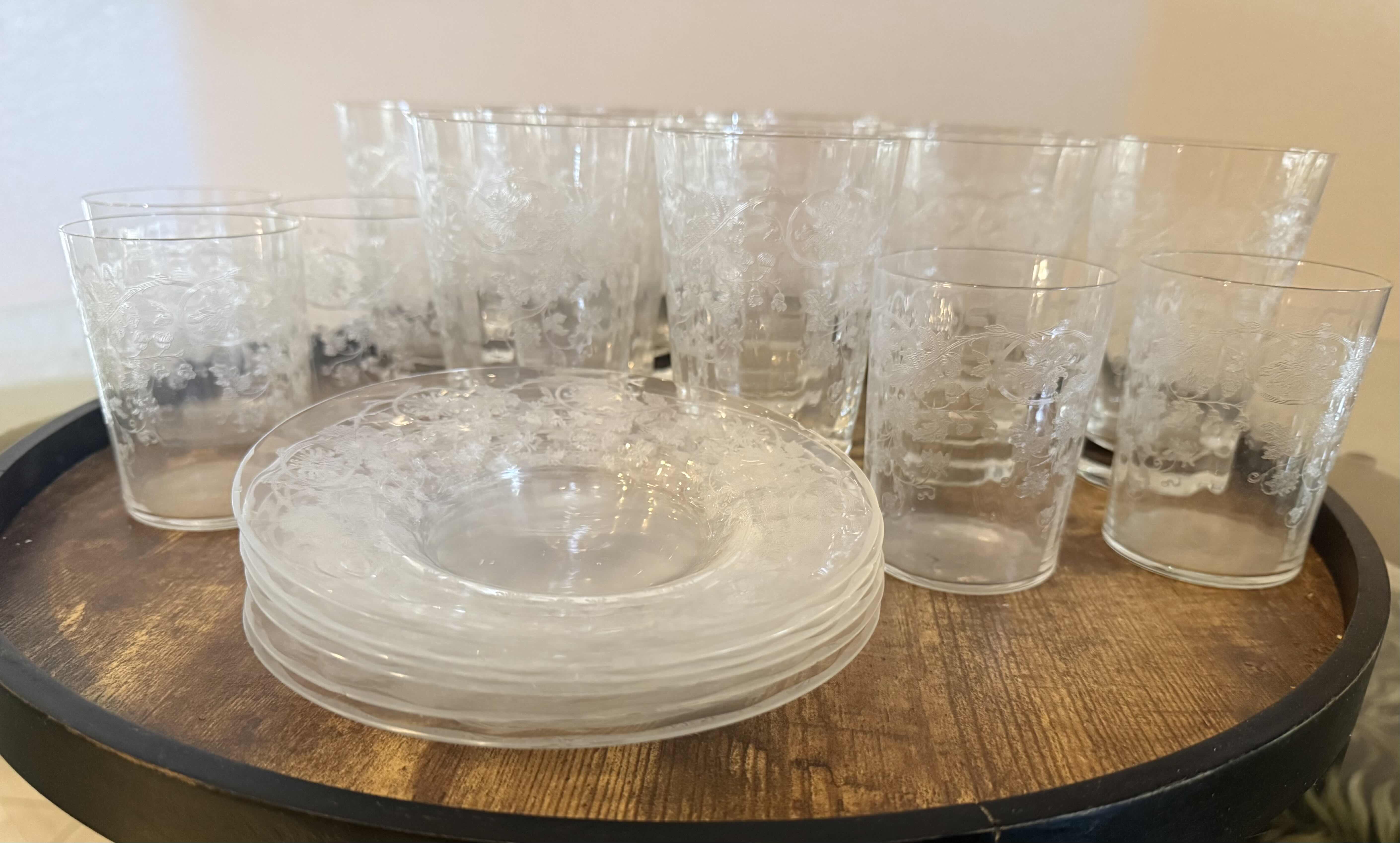 Photo 1 of 20-VINTAGE ETCHED CRYSTAL FLORAL DRINKING GLASSES & SAUCERS