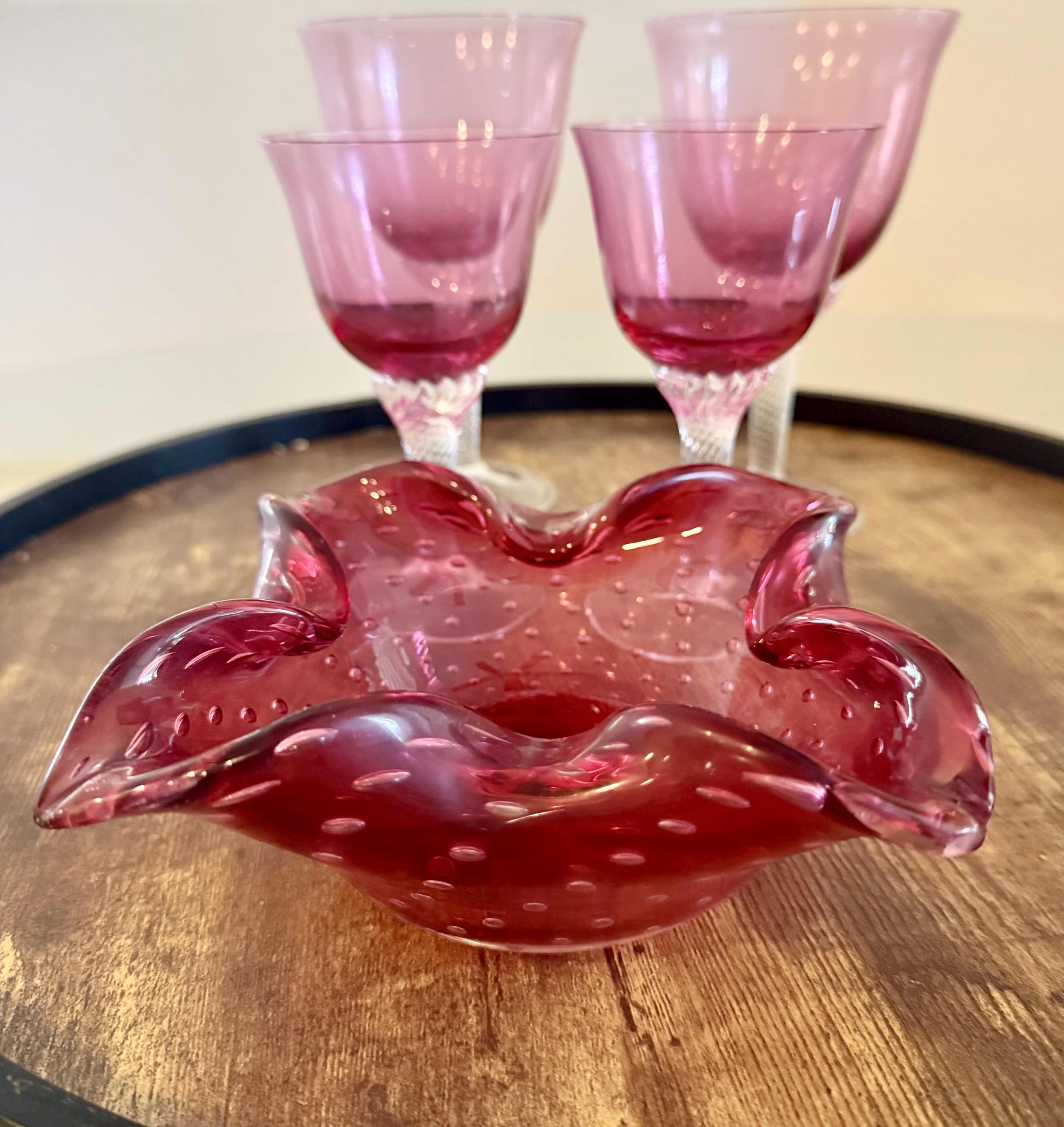 Photo 1 of 4-VINTAGE ROSE CRYSTAL STEMWARE, VINTAGE ROSE CRYSTAL CANDY DISH