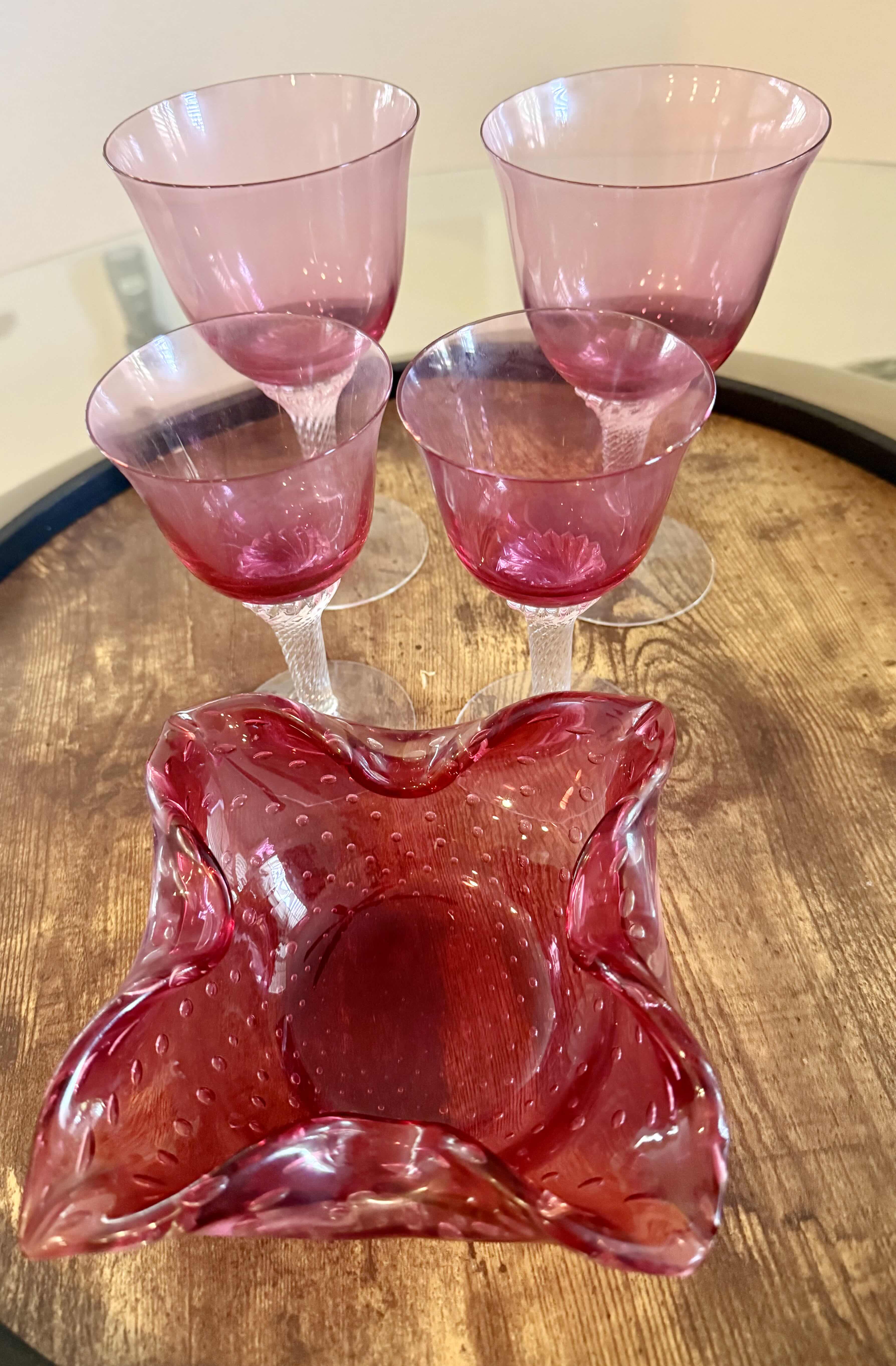 Photo 1 of 4-VINTAGE ROSE CRYSTAL STEMWARE, VINTAGE ROSE CRYSTAL CANDY DISH