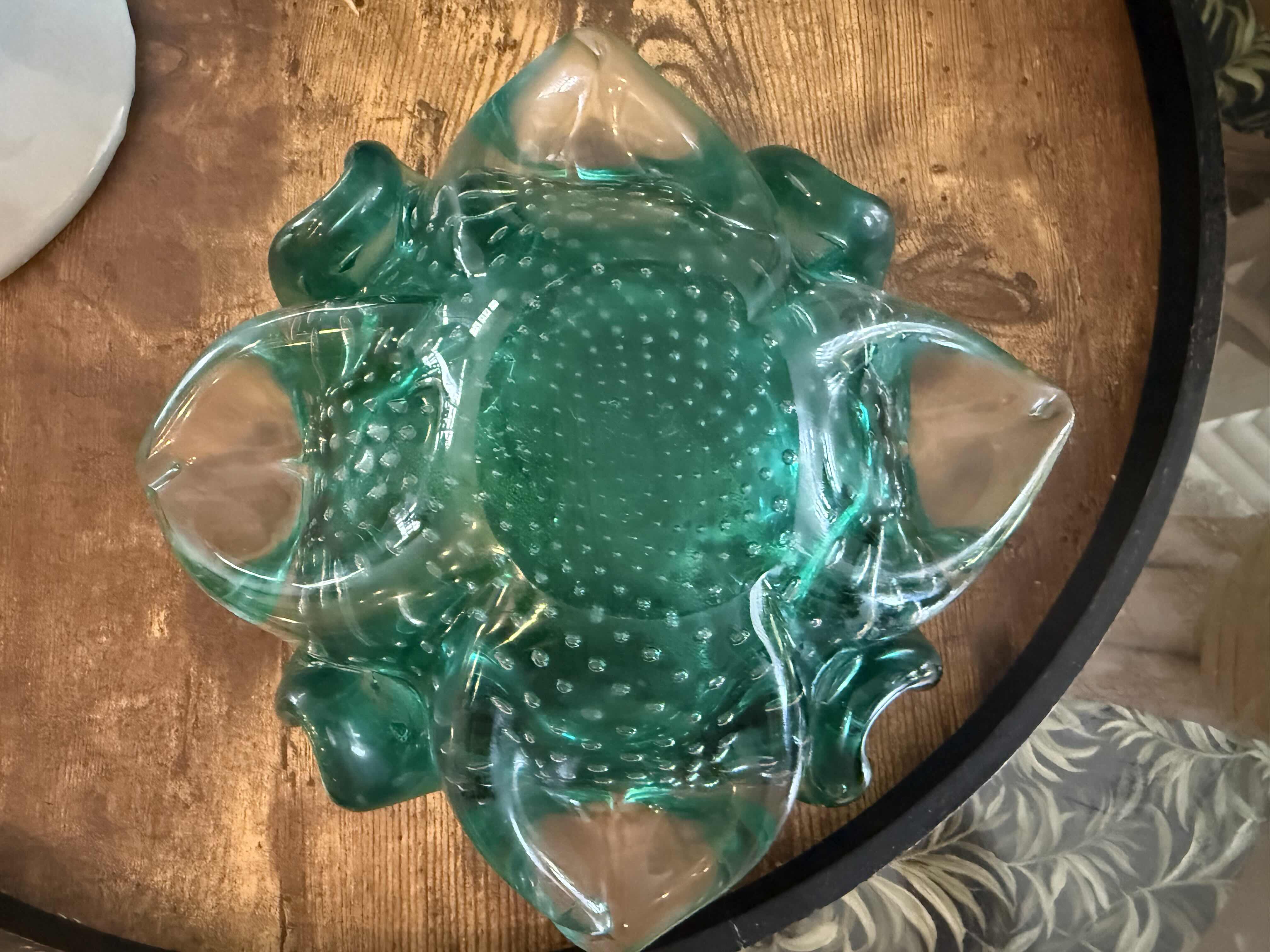 Photo 1 of 2-GREEN VINTAGE GLASS/CERAMIC ASH TRAYS, COLLECTIBLE ITALY SKI PLATE D6”