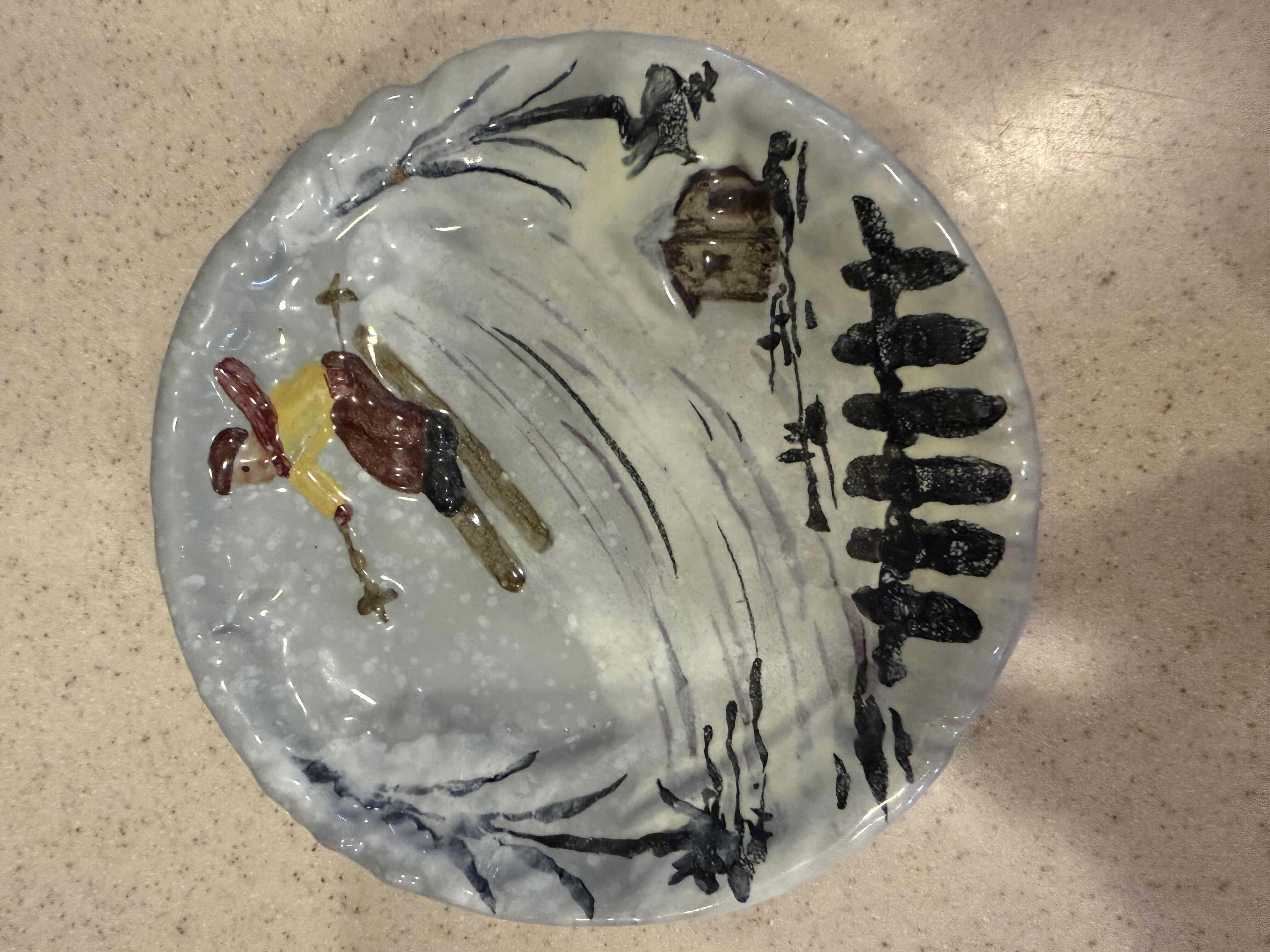 Photo 1 of 2-GREEN VINTAGE GLASS/CERAMIC ASH TRAYS, COLLECTIBLE ITALY SKI PLATE D6”