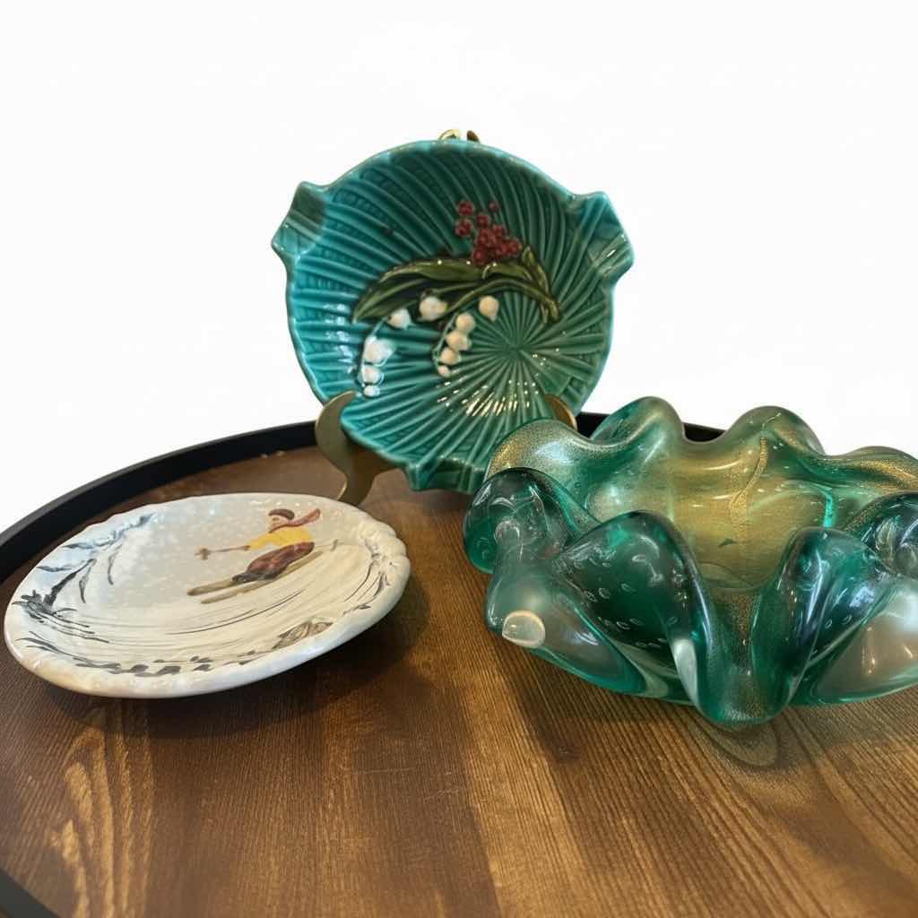 Photo 1 of 2-GREEN VINTAGE GLASS/CERAMIC ASH TRAYS, COLLECTIBLE ITALY SKI PLATE D6”