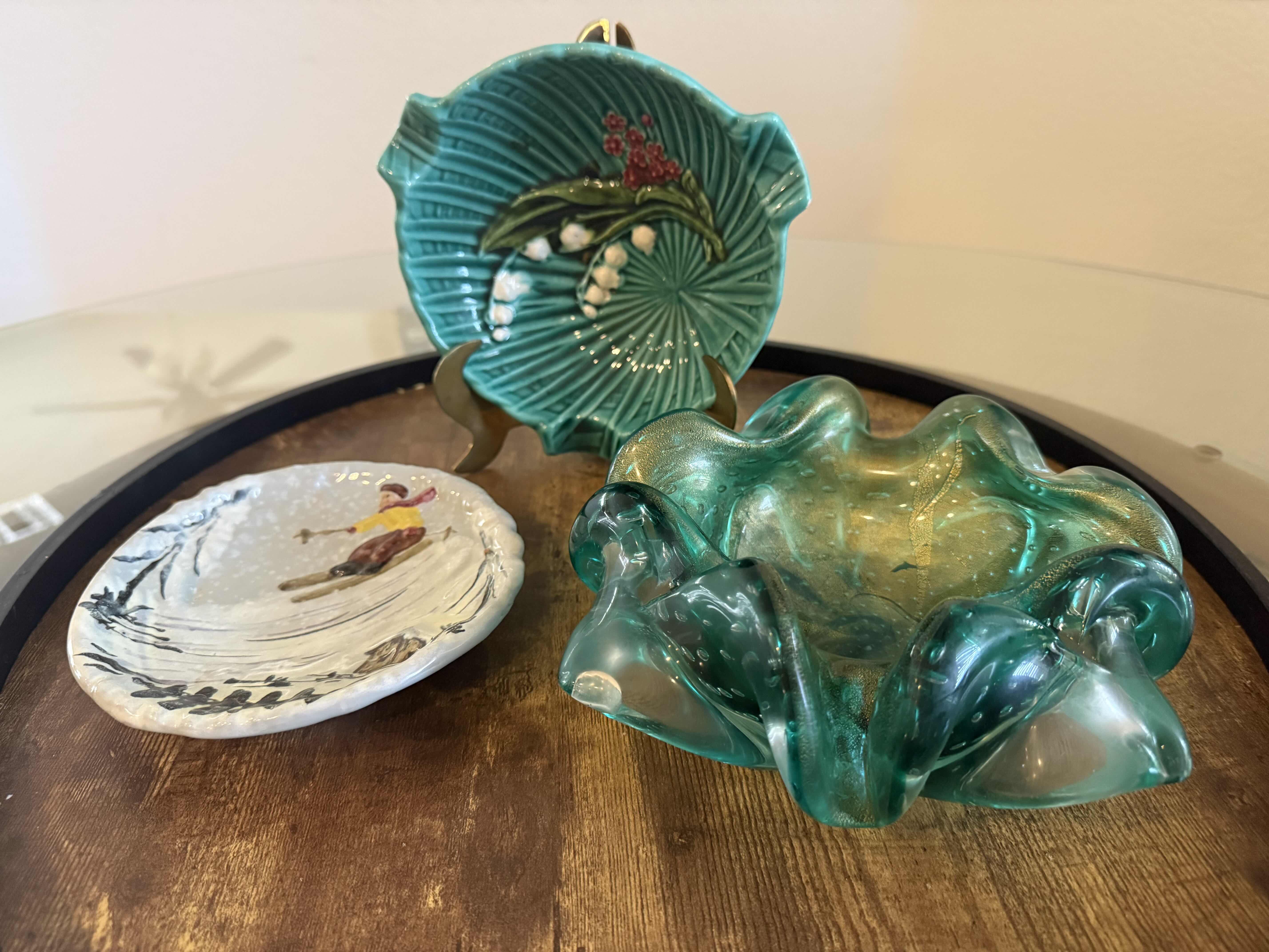 Photo 1 of 2-GREEN VINTAGE GLASS/CERAMIC ASH TRAYS, COLLECTIBLE ITALY SKI PLATE D6”