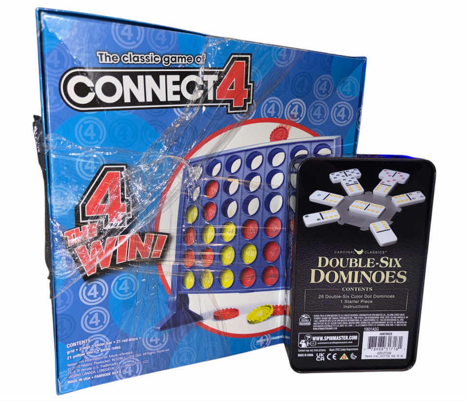 Photo 1 of CONNECT 4 GAME & DOUBLE-SIX 28 PC DOMINOES IN METAL TIN