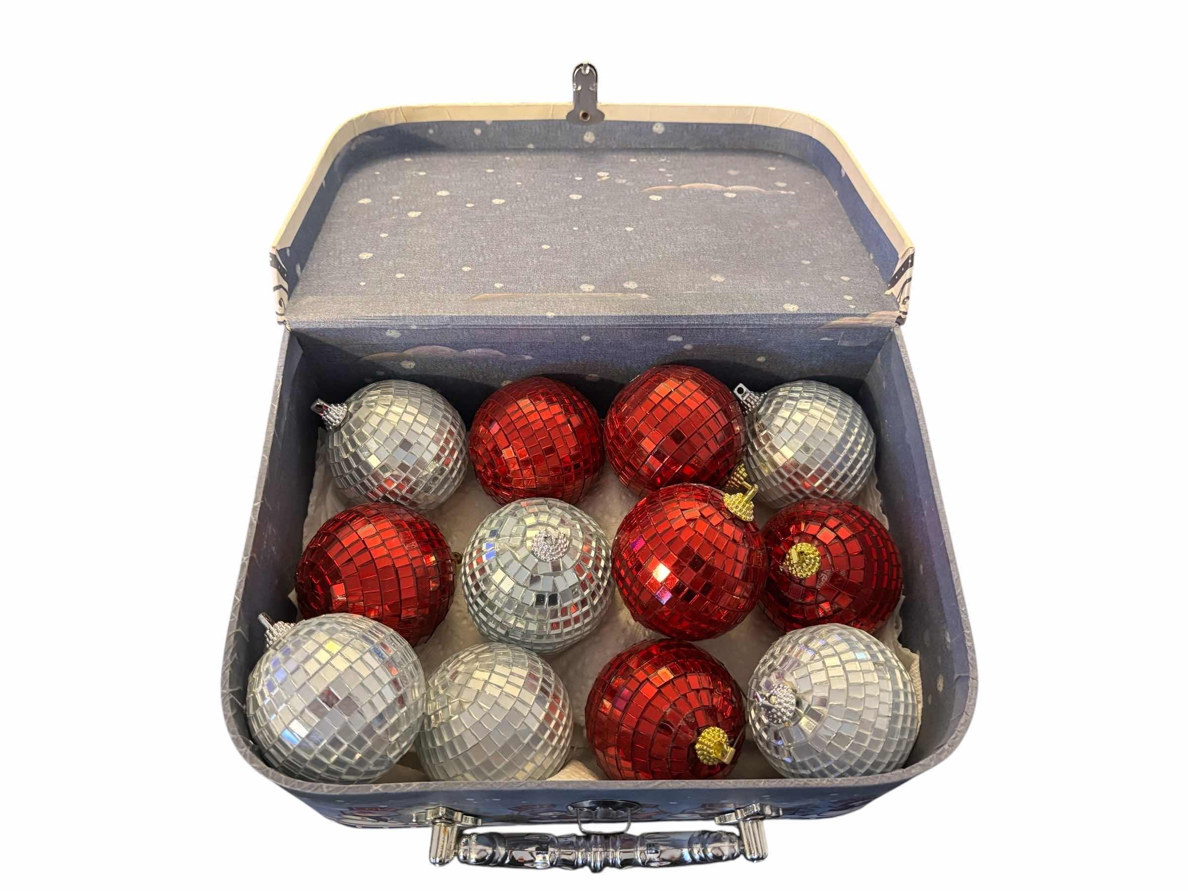 Photo 1 of LIGHT-UP CERAMIC 9.5” SANTA DECOR & 12 PC RED/SILVER GLASS MIRRORBALL ORNAMENTS IN DECORATIVE STORAGE BOX