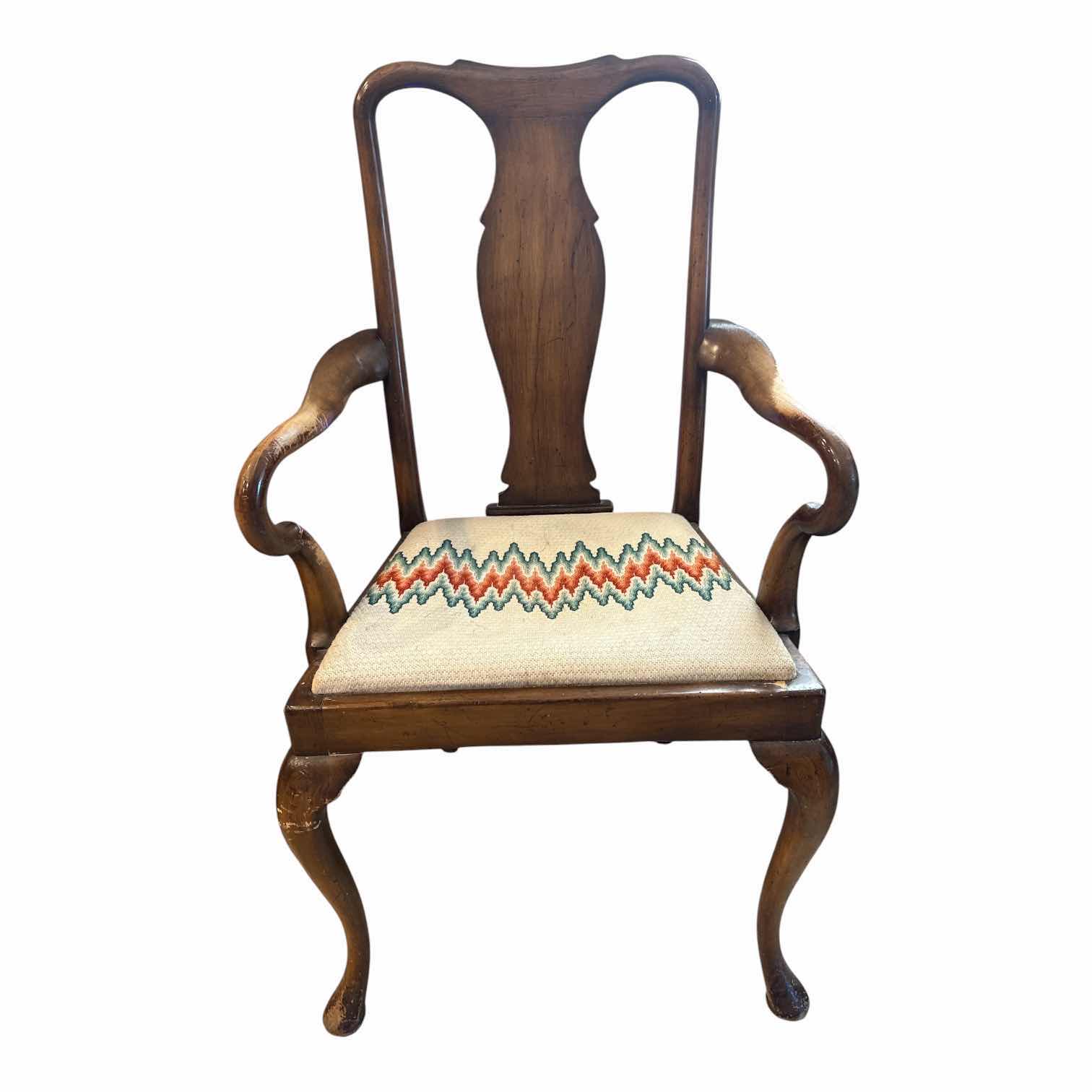 Photo 1 of ANTIQUE QUEEN ANNE STYLE CARVED WALNUT ARM CHAIR W/UPHOLSTERED SEAT H18.5” CHAIR TOTAL H41” $750