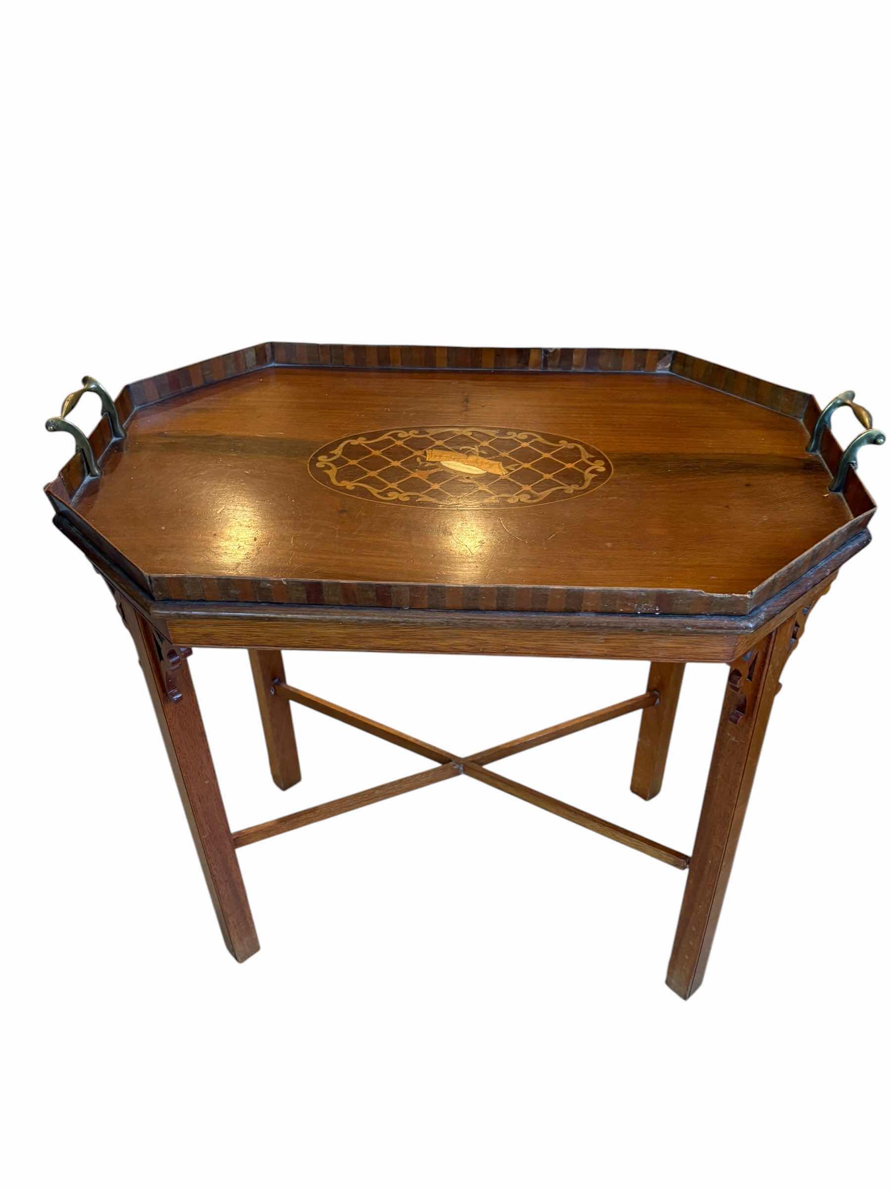 Photo 1 of ANTIQUE ENGLISH EDWARDIAN LIFT TOP TABLE W INLAID ROSEWOOD AND BRASS HANDLES 
22.5”X14”H22”
