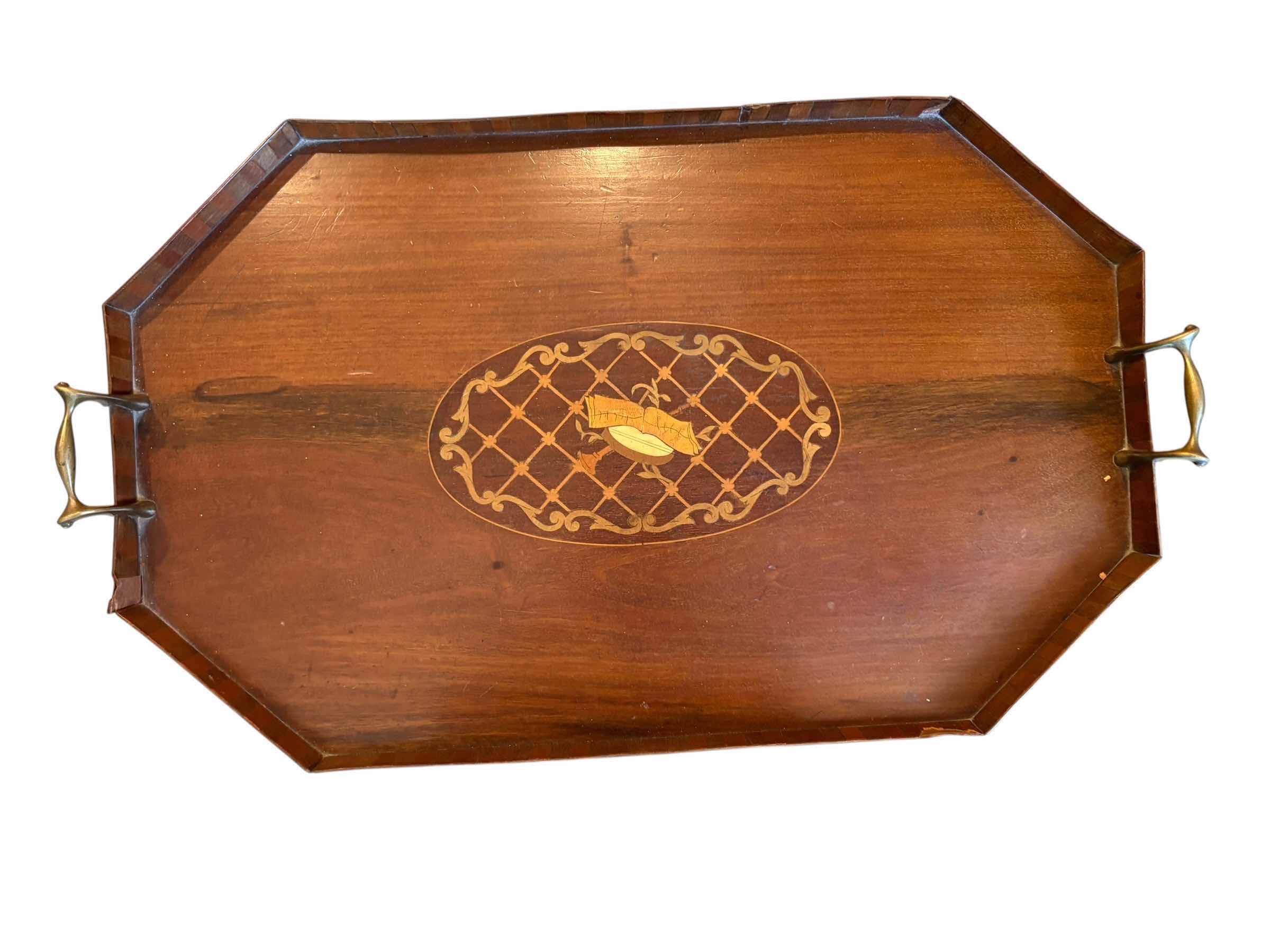 Photo 1 of ANTIQUE ENGLISH EDWARDIAN LIFT TOP TABLE W INLAID ROSEWOOD AND BRASS HANDLES 
22.5”X14”H22”