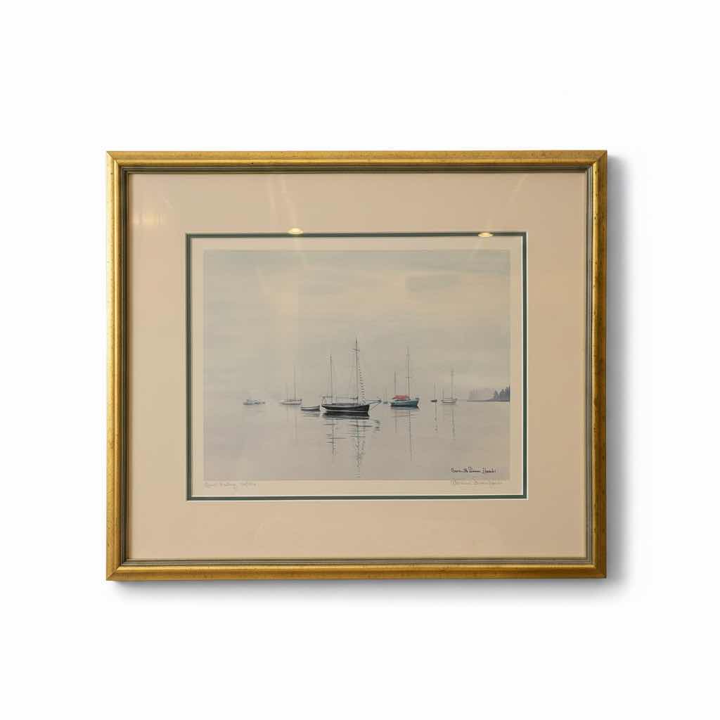 Photo 1 of FRAMED ARTWORK WATERCOLOR SAILBOATS QUIET MORING 470/550 SIGNED HAUKES 22.5”X19”
