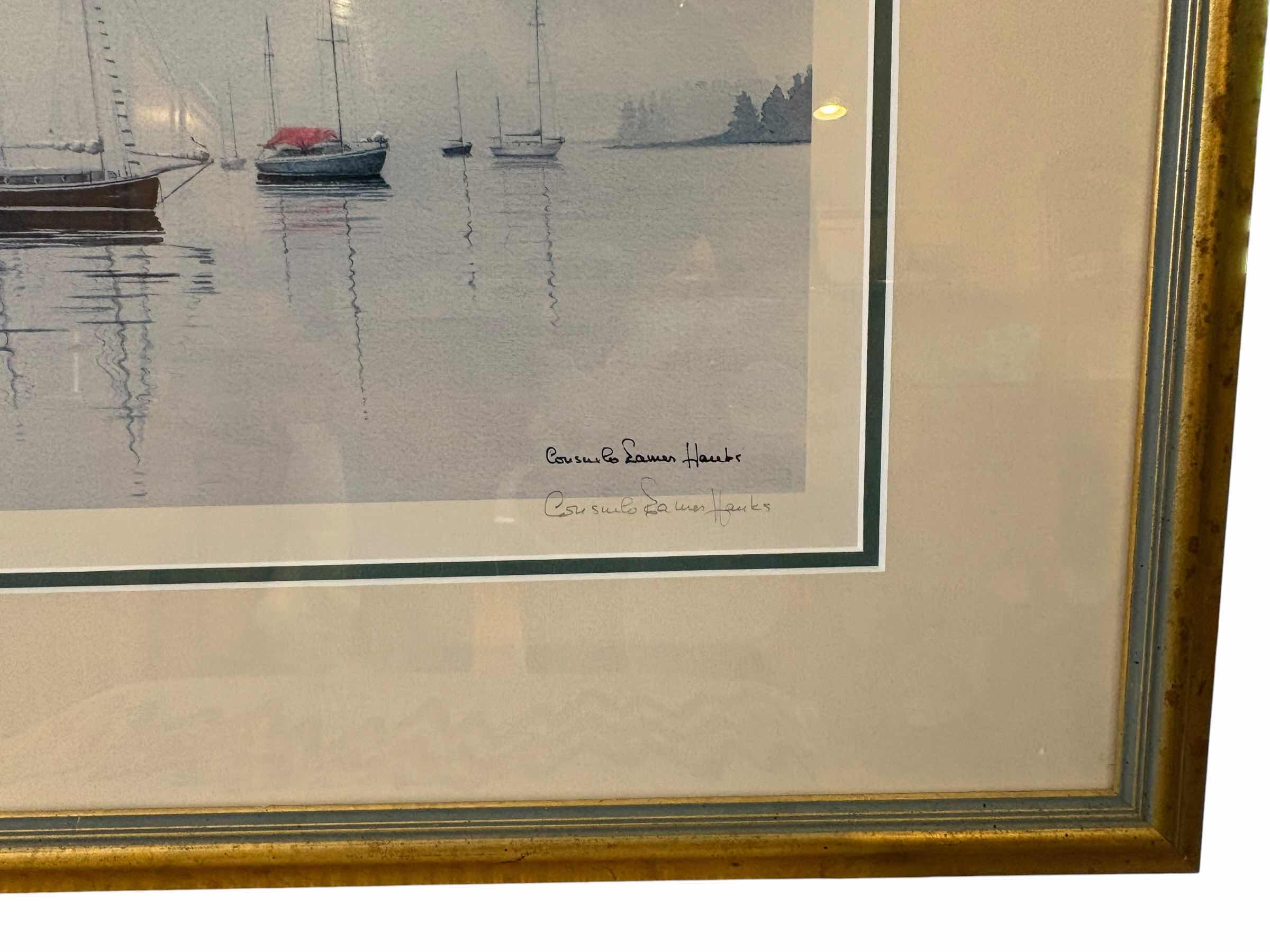 Photo 1 of FRAMED ARTWORK WATERCOLOR SAILBOATS QUIET MORING 470/550 SIGNED HAUKES 22.5”X19”