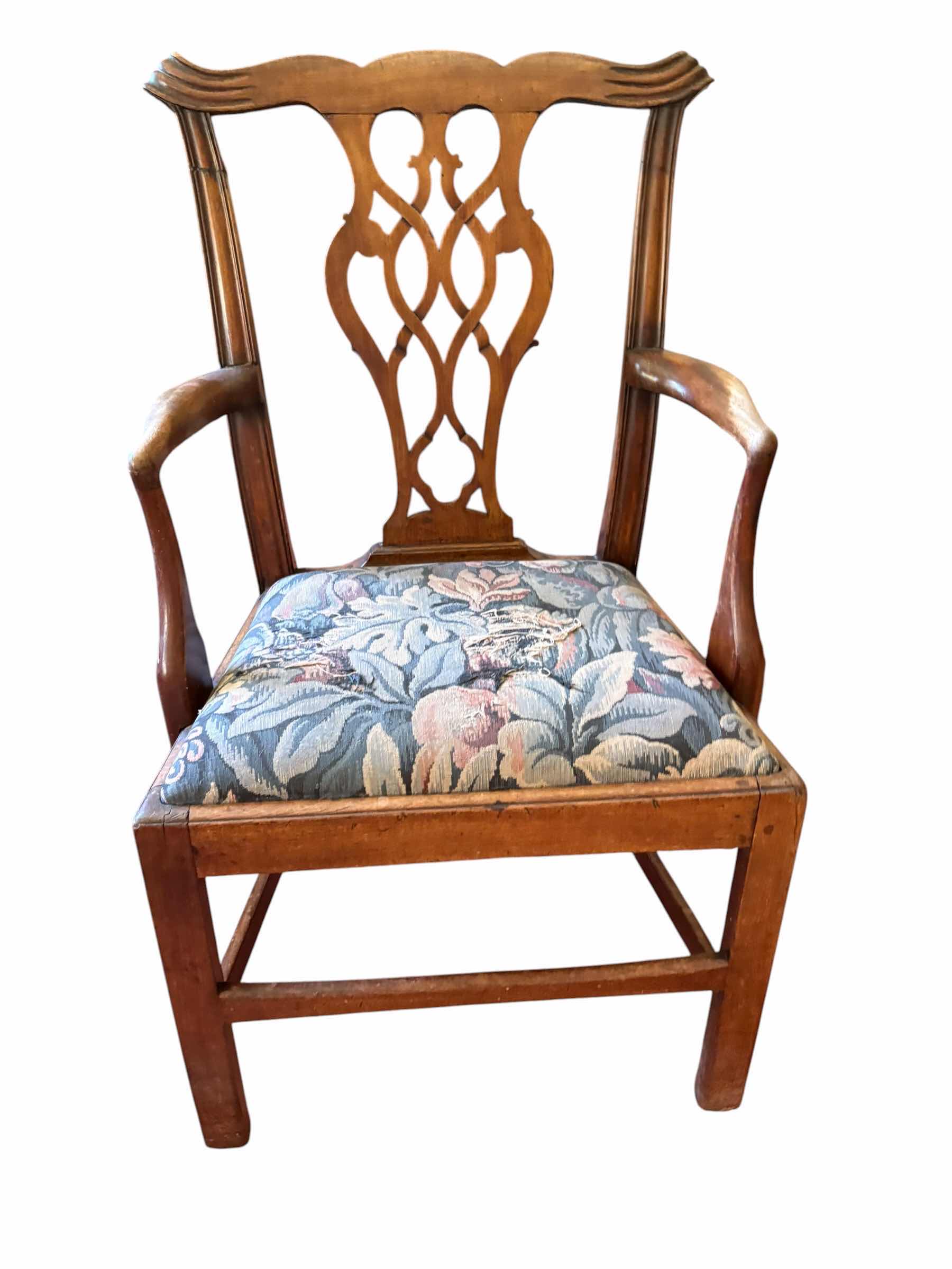 Photo 1 of CHIPPENDALE MAHOGANY ARM CHAIR W/UPHOLSTERED SEAT H18”