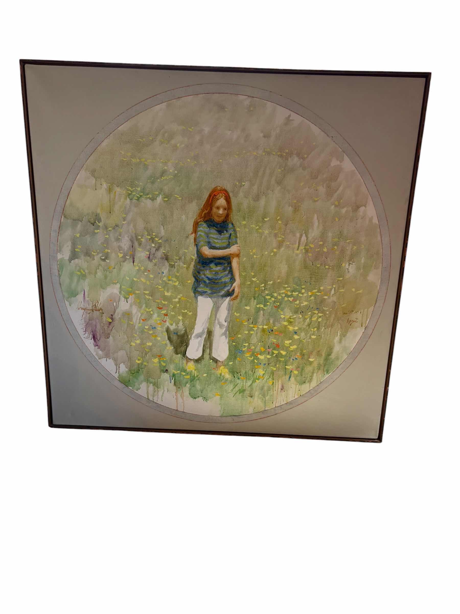 Photo 1 of FRAMED ARTWORK LARGE ORIGINAL WATERCOLOR PAINTING DEPICTING A YOUNG GIRL IN A WILDFLOWER MEADOW W/SOFT PASTEL TONES WITH EXPRESSIVE BRUSHWORK AND FRAMED PRESENTATION. SIGNED LOWER LEFT
