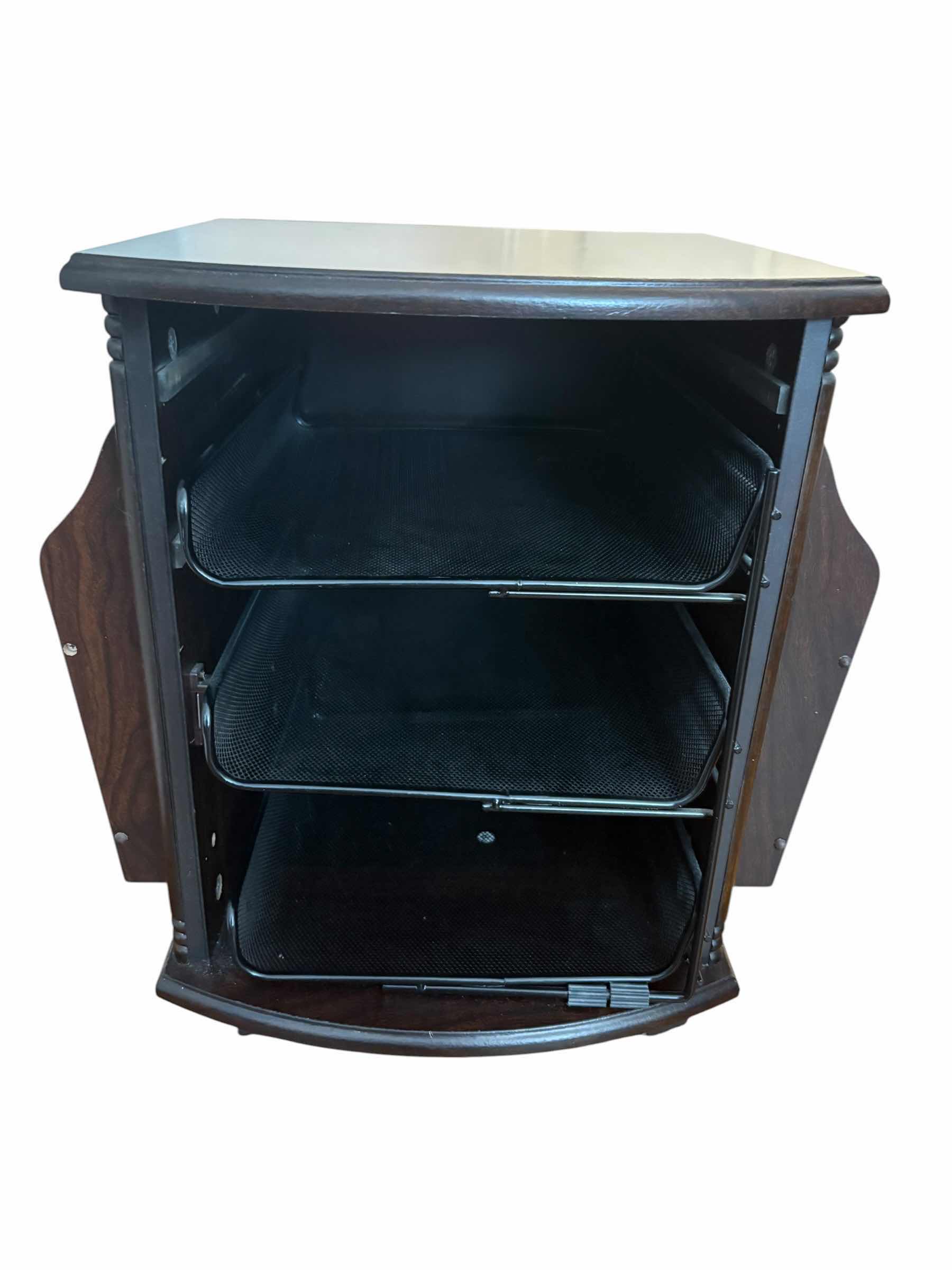 Photo 1 of FAUX DARK WOOD ORGANIZER RACK W WHEELS 13.75”X14”H18” $125